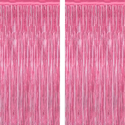 2 Pack Pink Party Decorations, 3.28 FT x 7.05 FT Pink Backdrop, Metallic Tinsel Backdrop Fringe Curtains Backdrop Curtains, Photo Backdrop Party Supplies Birthday Party Decorations