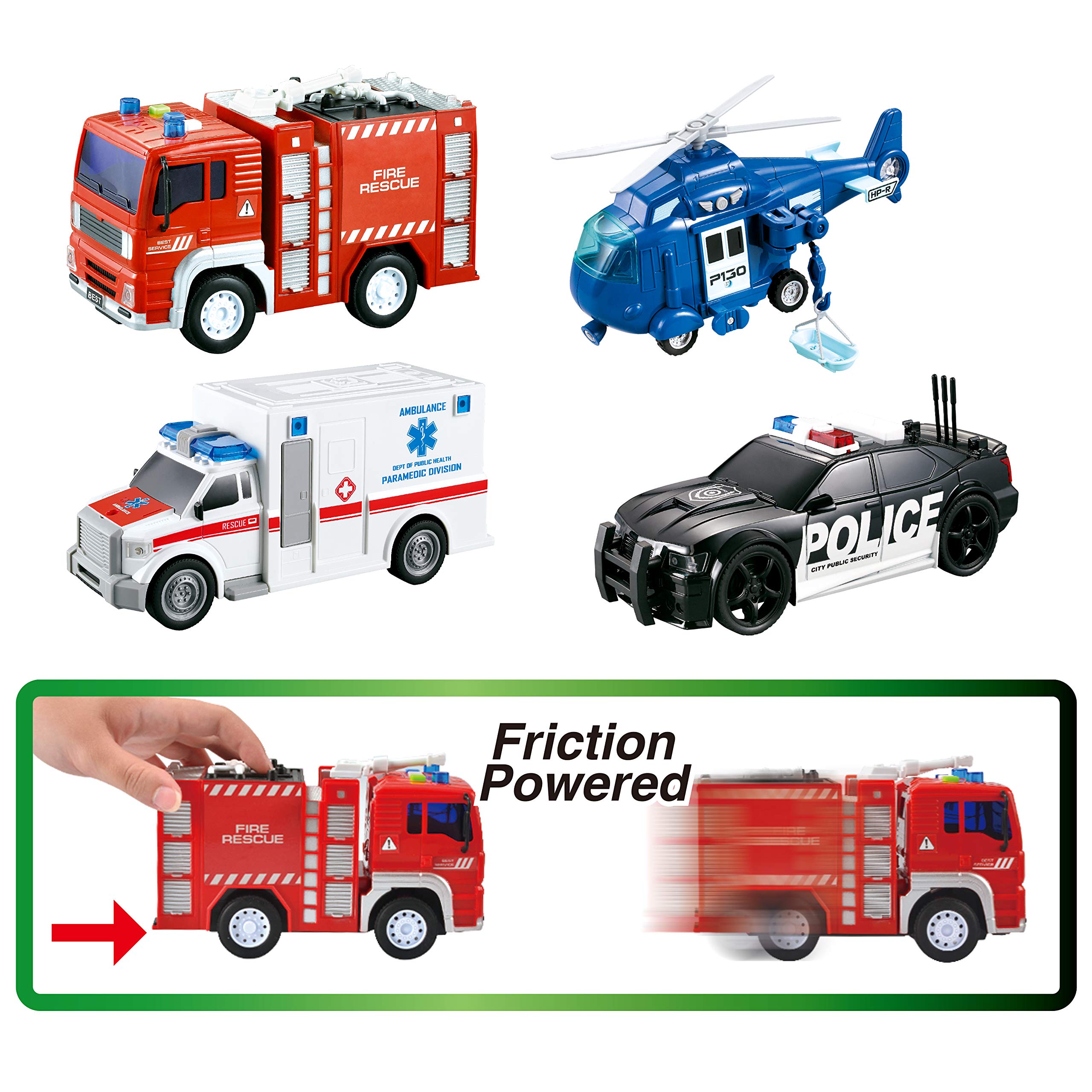 JOYIN 4 Packs Emergency Vehicle Toy Playsets, Friction Powered Vehicles