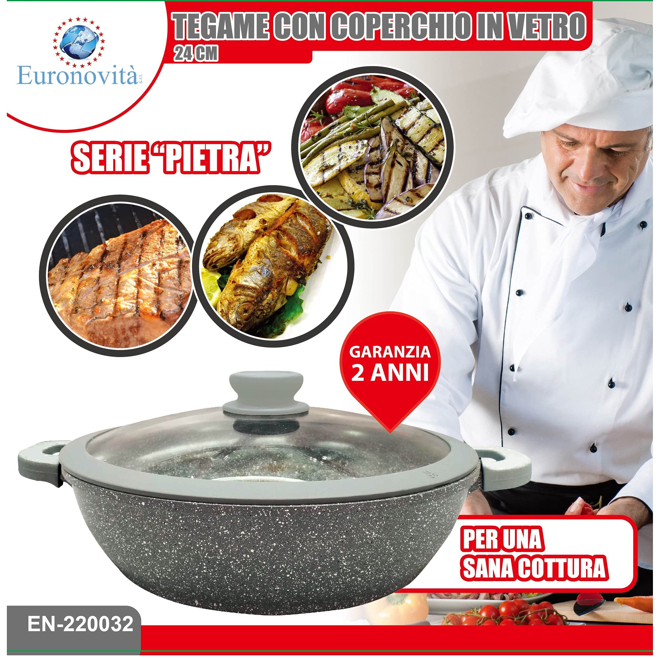 Wok In Pietra Vulcanica EURONOVITA 32 Cm - Padella Antiaderente Con Coperchio Per Induzione - Foto 5