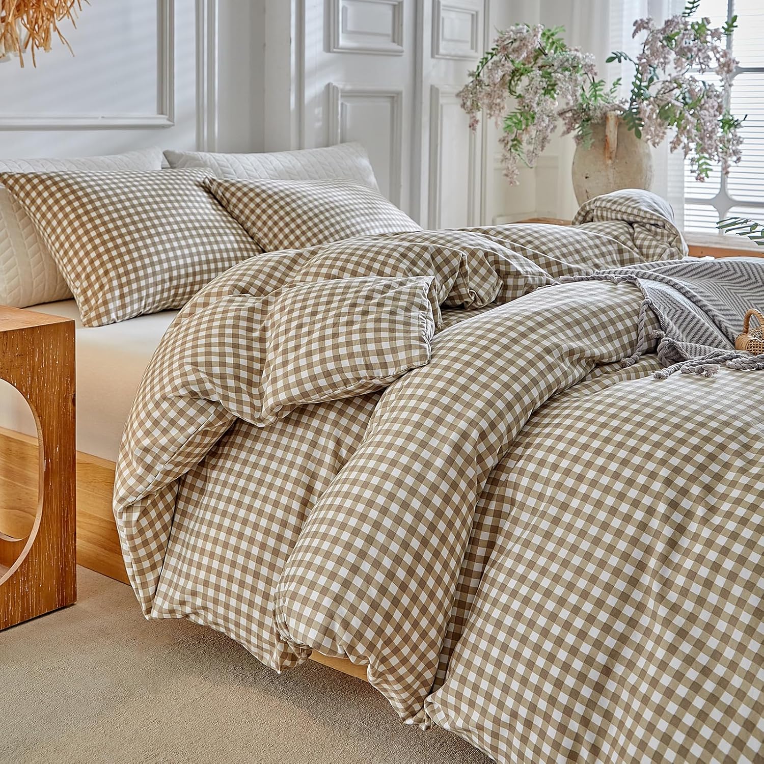 DuShow Grid Queen Duvet Cover Set - Tan Gingham Washed Microfiber Comforter Cover Set, 3 Pieces Plaid Checkered Soft Reversible Bedding Set(Tan,Queen)