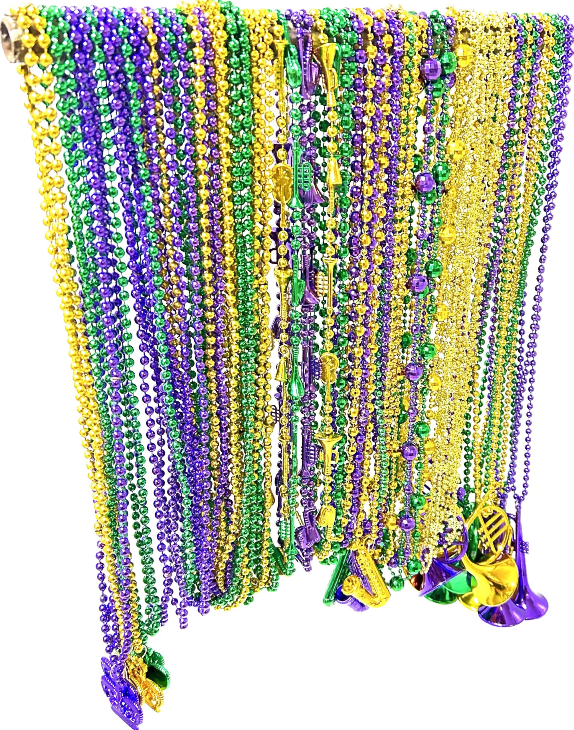 Afson 72 Pcs Mardi Gras Bead Necklaces Bulk Gold Purple Green Mardi Gras Bead Necklaces Holiday Parade Party Supplies