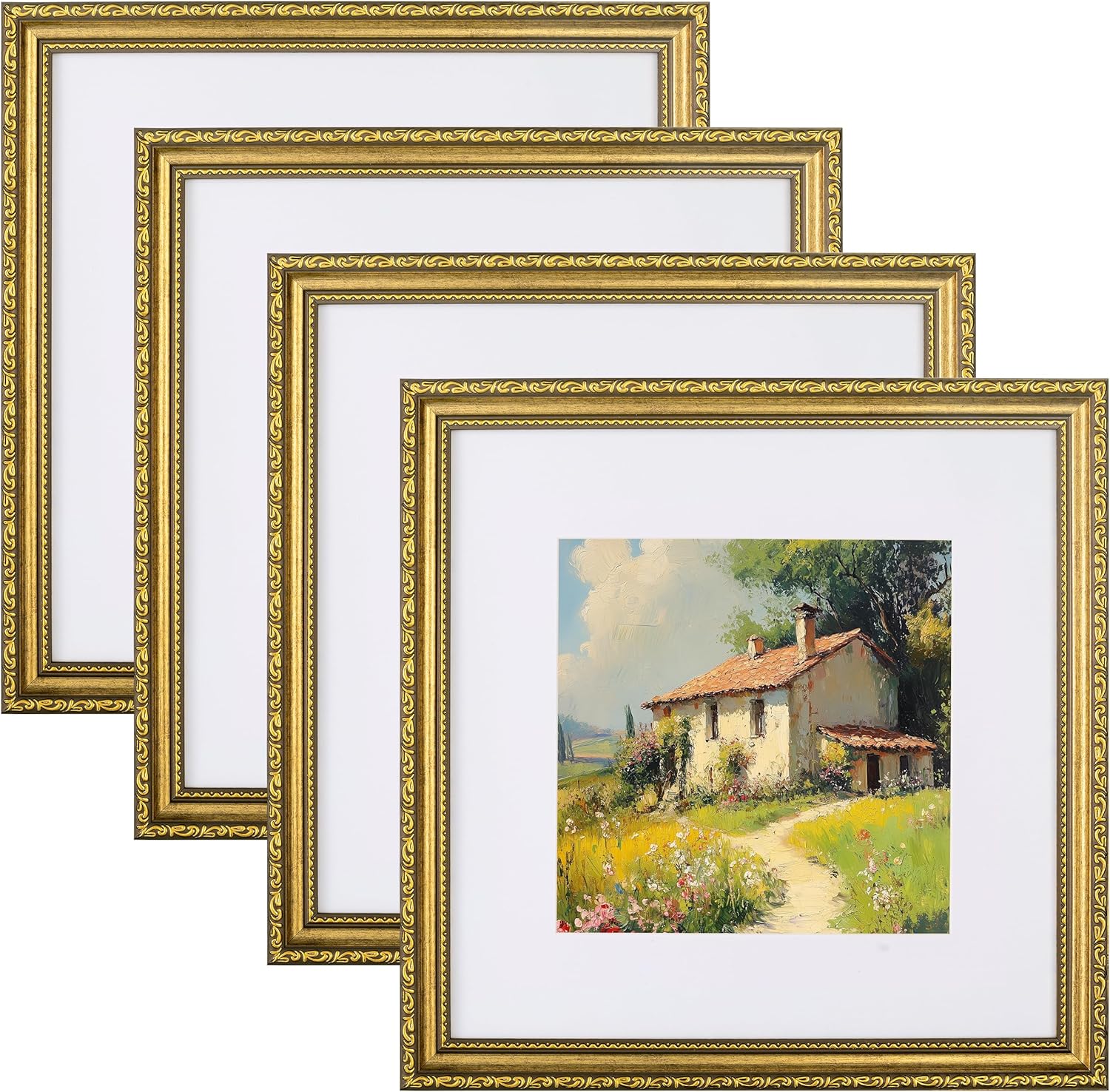 eletecpro 12x12 Picture Frames Set of 4, Vintage Photo Frames with Glass, Gold Frames 12x12 Display 8x8 Photo with Mat or 12x12 without Mat for Home Wall Decor, Gold 12x12 Gold