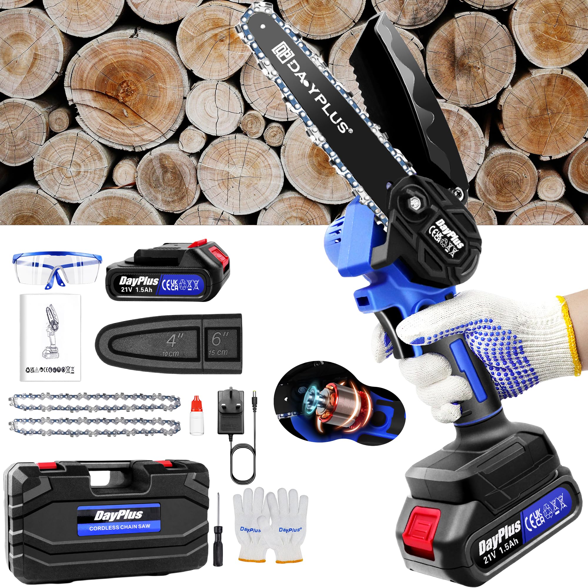 Banas Pre-Assembled Cordless 6 Inch Chainsaw, 800W 2200 RPM - Brushless Pure Copper Motor - 1500mAh Battery & Hard Plastic Case, Handheld Electric Saw for Gardening, Branch Pruning & Wood Cutting