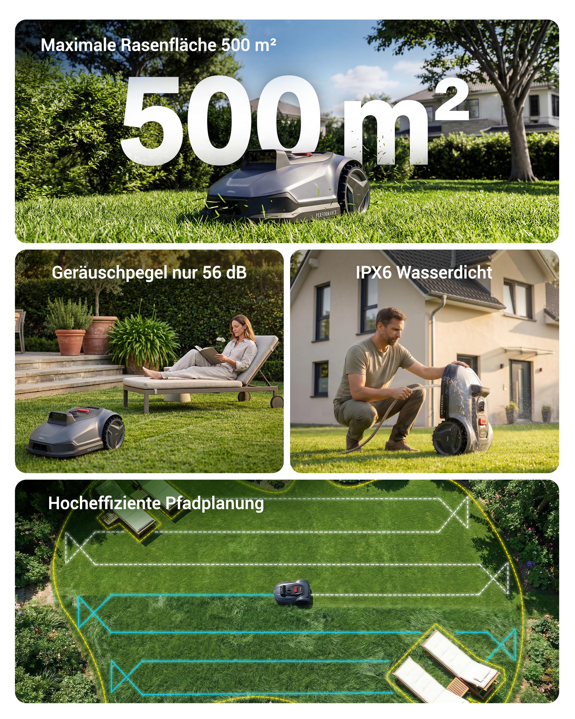 Natural Expressions Performance 7 Mähroboter ohne Begrenzungskabel mit Garage, 500m² Rasenmäher kein RTK mit Vision 3.0 KI-Navigation, 5-Min-Installation, Hindernisvermeidung, Igelschutz
