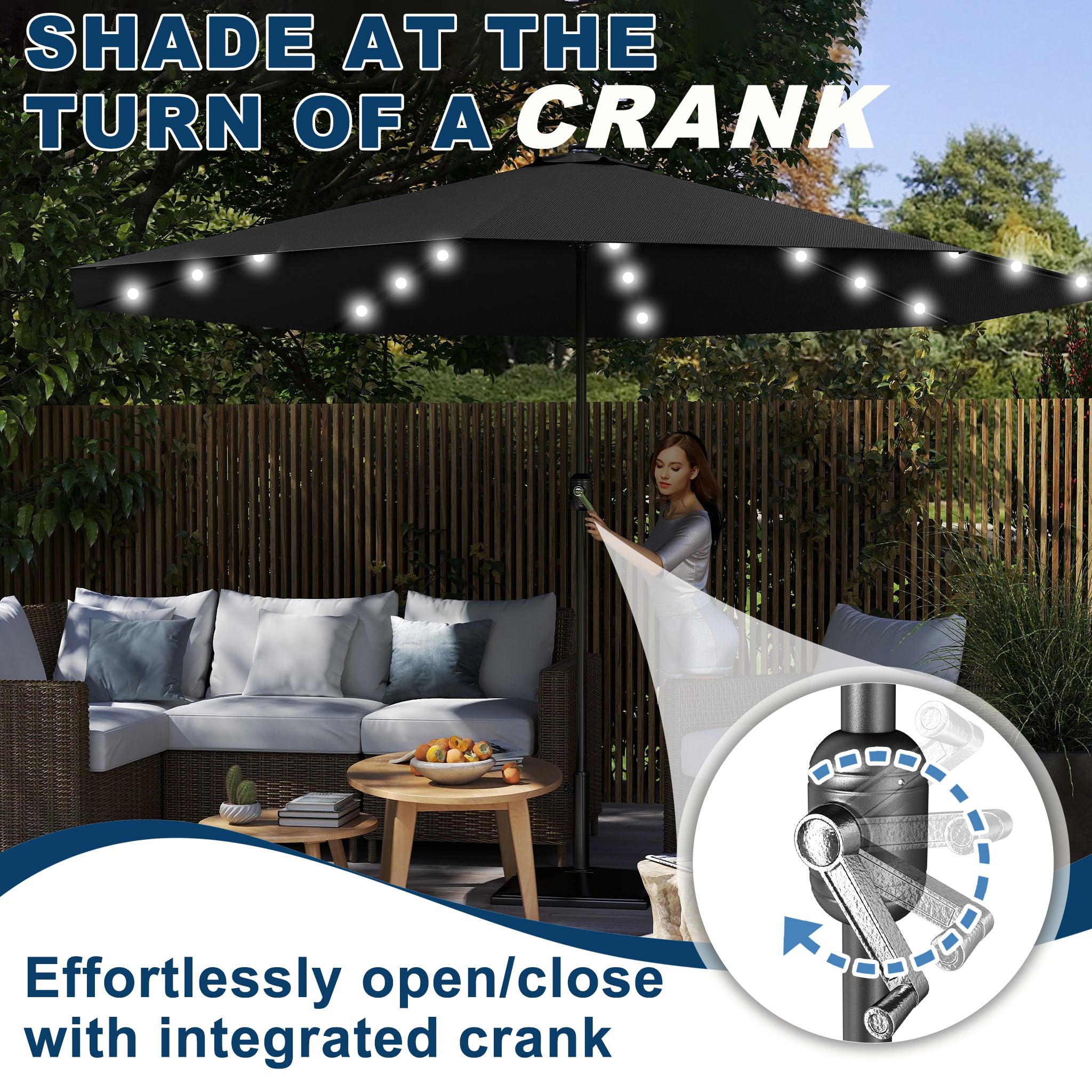 Froadp Sonnenschirm Groß, Achteckiger Strandschirm aus Polyester, Sonnenschutz Gartenschirm mit Regenschirmgriff, Tragbare Gartenschirm für Balkon Terrasse Schwimmbad (mit LED, Dunkelgrau/Beige)