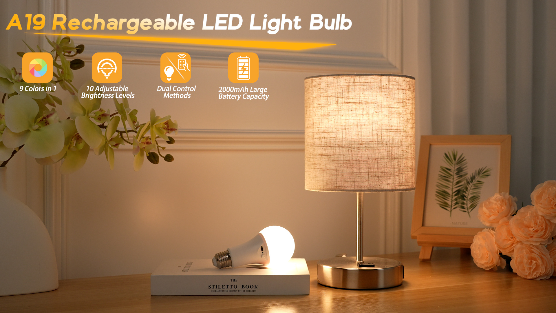 Image of Yochoice Rechargeable Battery Operated Light Bulb with Remote Control, Dimmable LED A19 Bulb with 9 Colors Selectable & 3 Timer, Wireless Light Bulb for Wall Sconce, Non-Hardwired,2 Pack