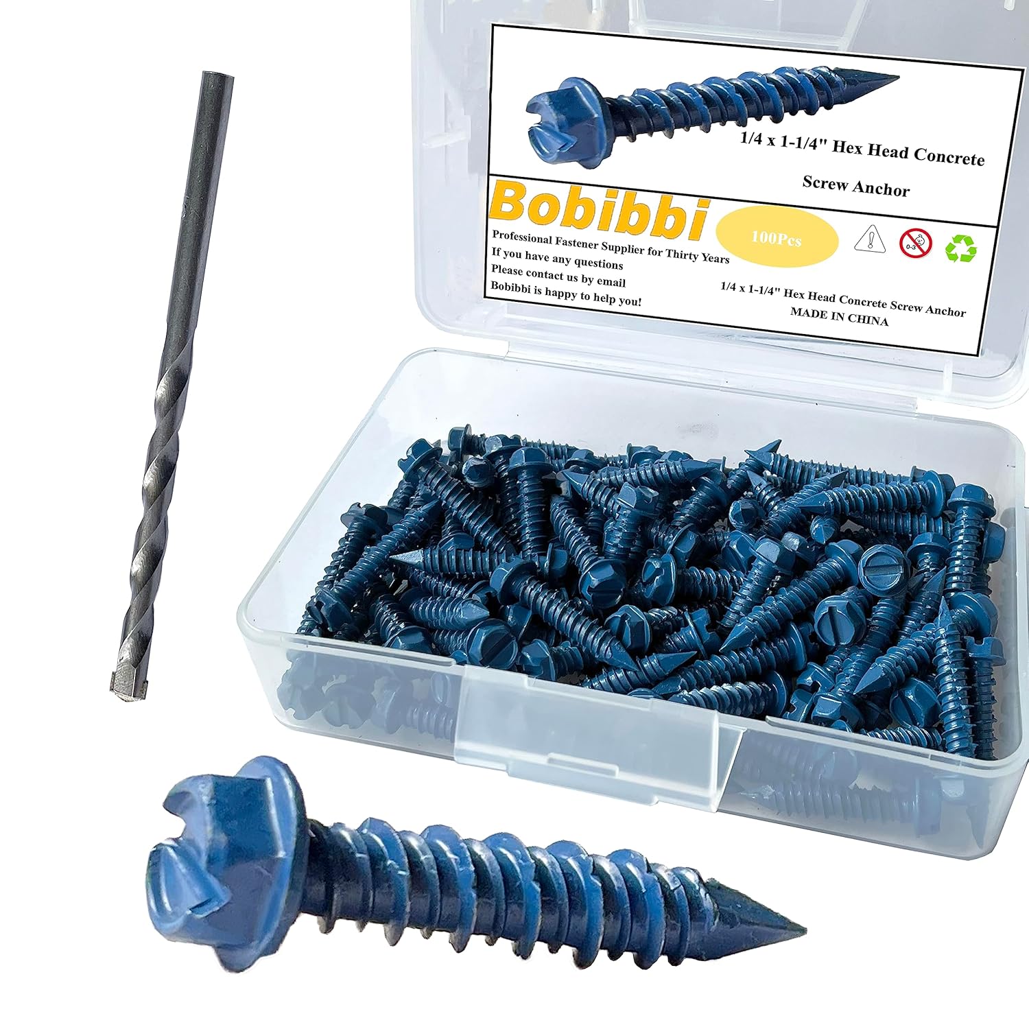 Bobibbi 1/4 x 1-1/4" Hex Head Concrete Screws (100 Pack) - Corrosion-Resistant Anchors for Masonry, Brick & Block