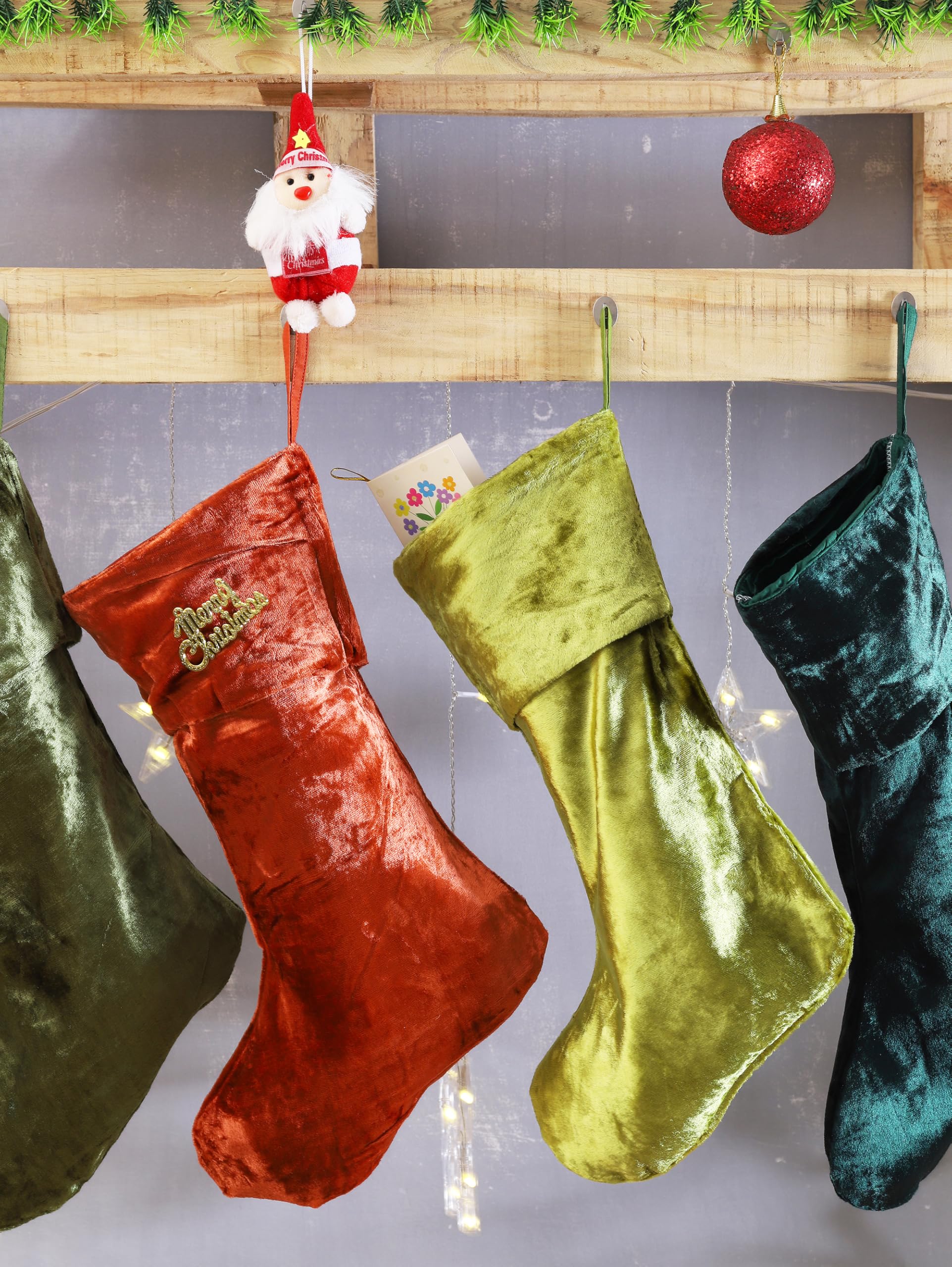 Weihnachts-Samtstrümpfe, 5 Stück, groß, 45,7 cm, Weihnachtsstrümpfe mit Aufhängeschlaufen, ästhetisch, rustikal, Weihnachtsdekoration für den Kamin