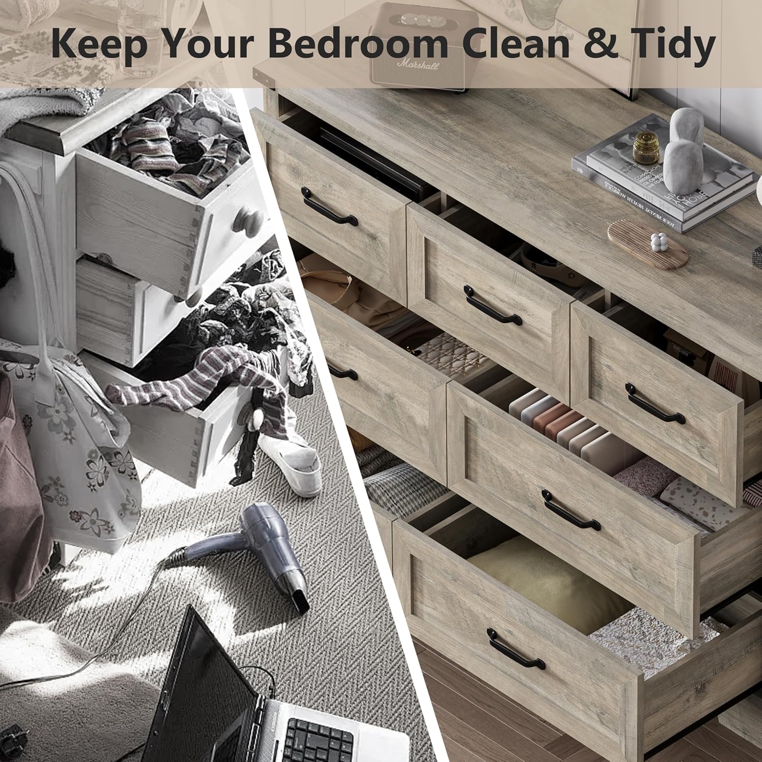 7 Drawer Dresser for Bedroom – 47" Wide Modern Wooden Chest with Natural Wood Texture, TV Stand & Storage, Metal Corner Brackets, Wood Drawer Organizer for Living Room, Hallway - Image 4