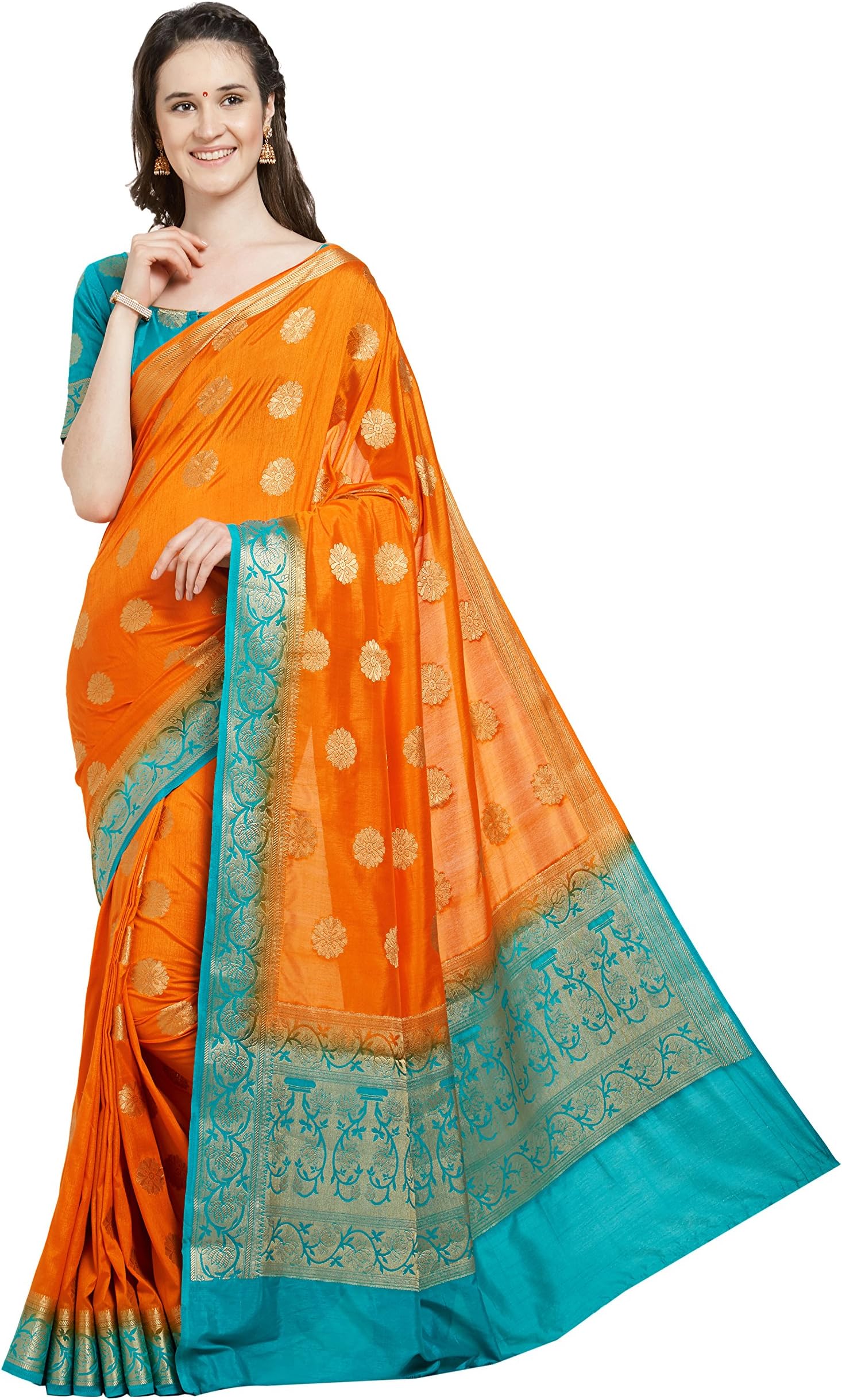 Saree For Women's Orange Banarasi Art Silk Saree With Un-Stiched Blouse Piece,Free Size
