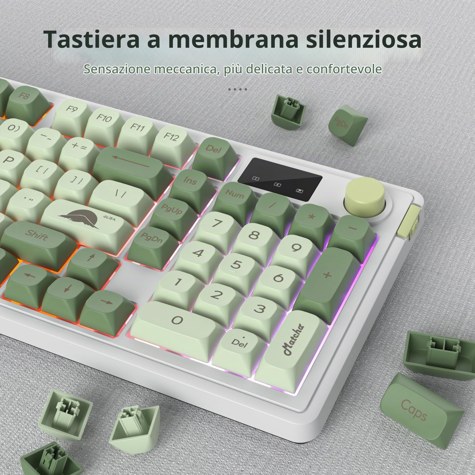 Tastiera Wireless, Tastiera senza fili Gaming Retroilluminata Silenziosa 96%, Layout QWERTY americano, Bluetooth/2.4G/USB Tastiere Cremosa RGB con Tastierino Numerico