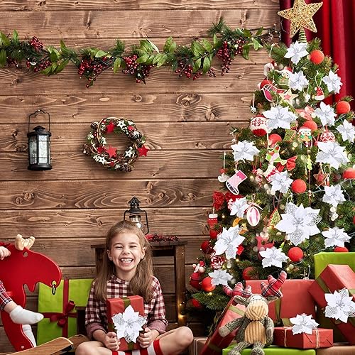 Miniatura 7 de 24 piezas de flores de Navidad con diamantina para decoración de árbol de Navidad, boda, año nuevo (blanco).