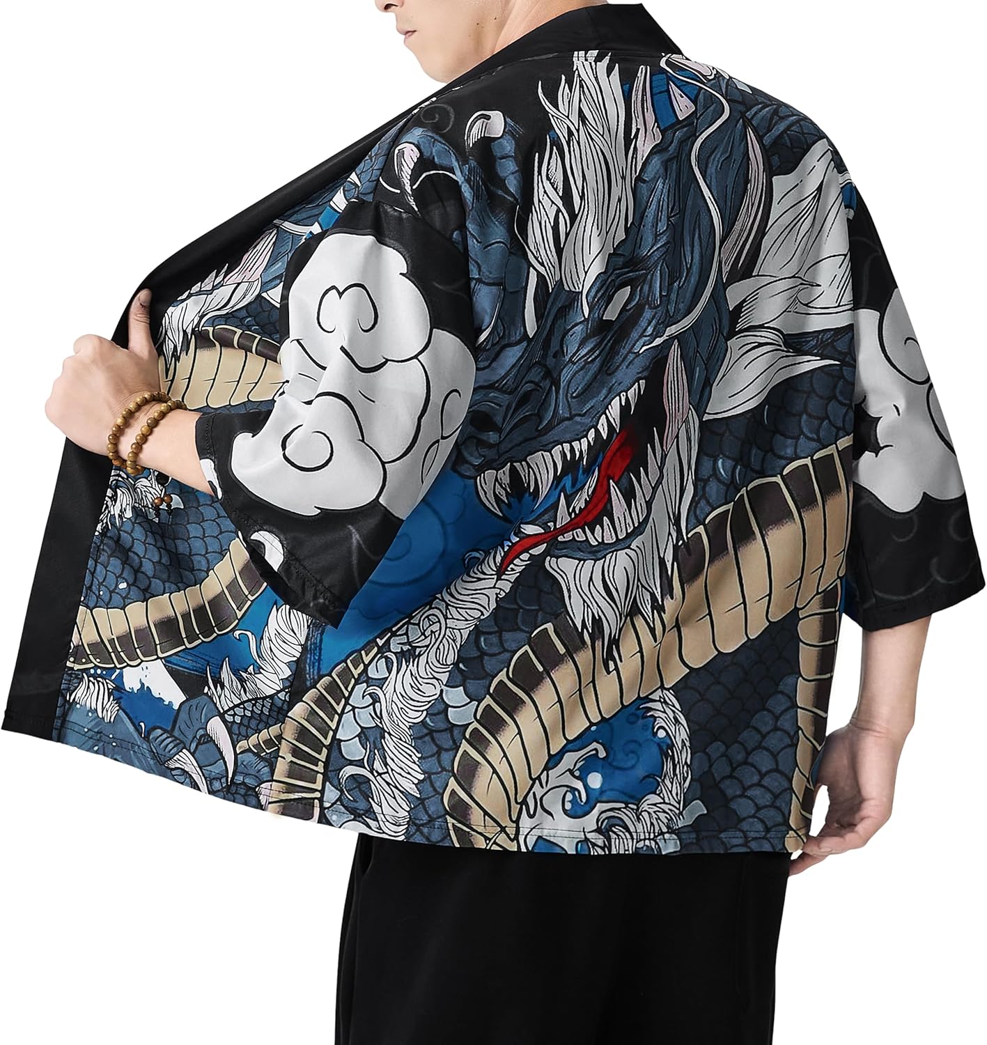 PRIJOUHE Mens Kimono Robe Jacket 3/4 Sleeve Open Front Japanese Shirt Bathrobe Lightweight Coat - Image 2