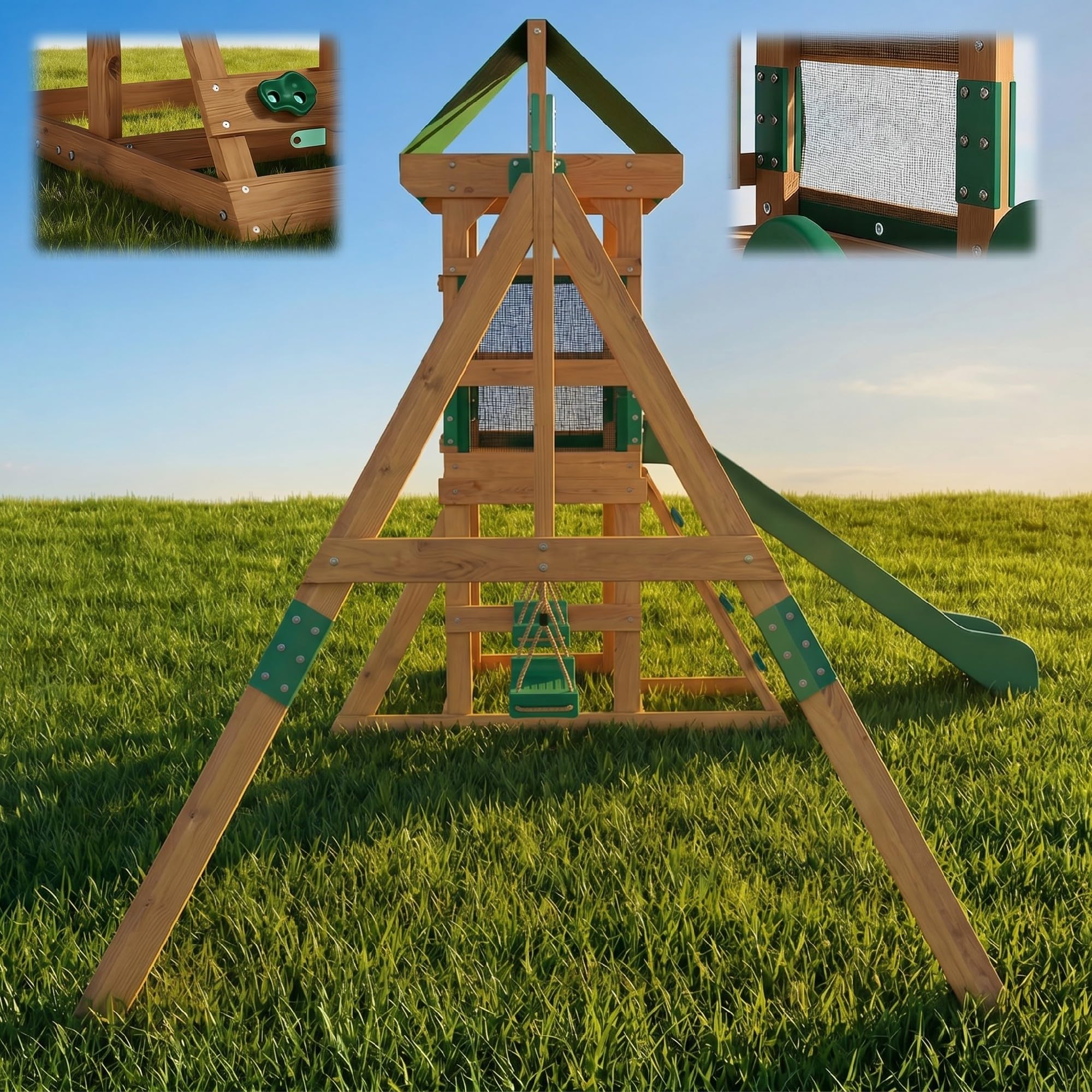 AIYAPLAY Spielturm mit 194,5cm Rutsche 2 Schaukeln für 3-8 315x284x233 cm | Kletterwand, Überdachtes Oberdeck, Outdoor Kinder Kletterturm, Aus Holz Spielhaus, Für Kinder von 3-8 Jahren