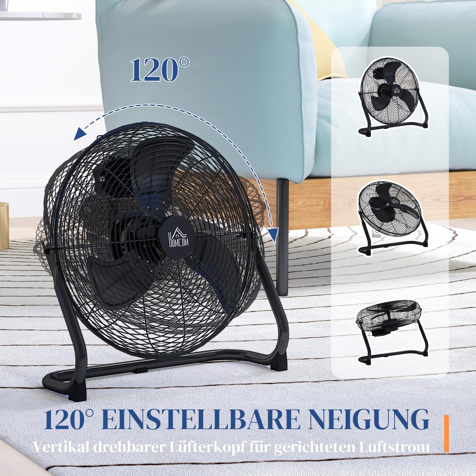 HOMCOM Windmaschine Retro Stil Tischventilator Elektrischer Ventilator mit 3 Geschwindigkeitsstufen, um 120° verstellbarer Winkel Bodenventilator für Zuhause, Büro, Schlafzimmer, Schwarz