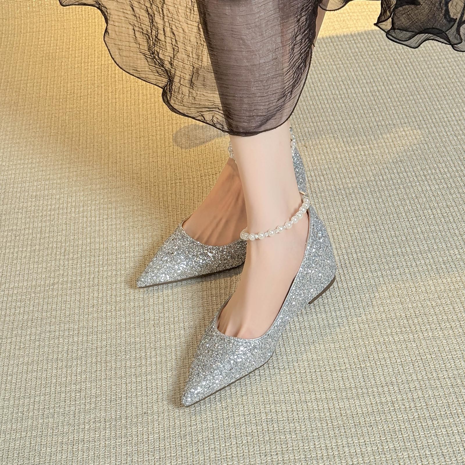 Płaskie buty ślubne bez zmęczenia ukryty klin 5 cm łańcuszek perły wygodne buty ślubne stojące i taniec