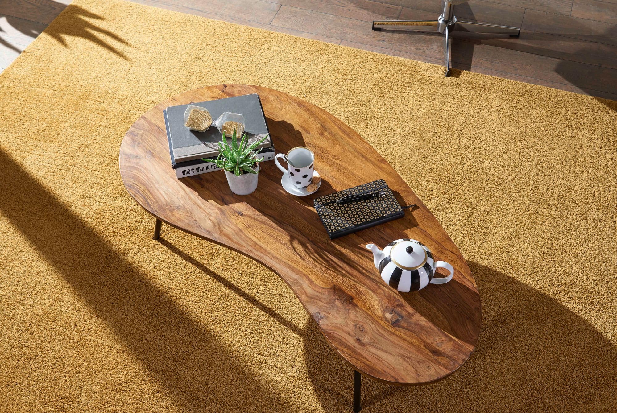 FineBuy Couchtisch 122x63x36 cm Sheesham Massivholz, Nierentisch