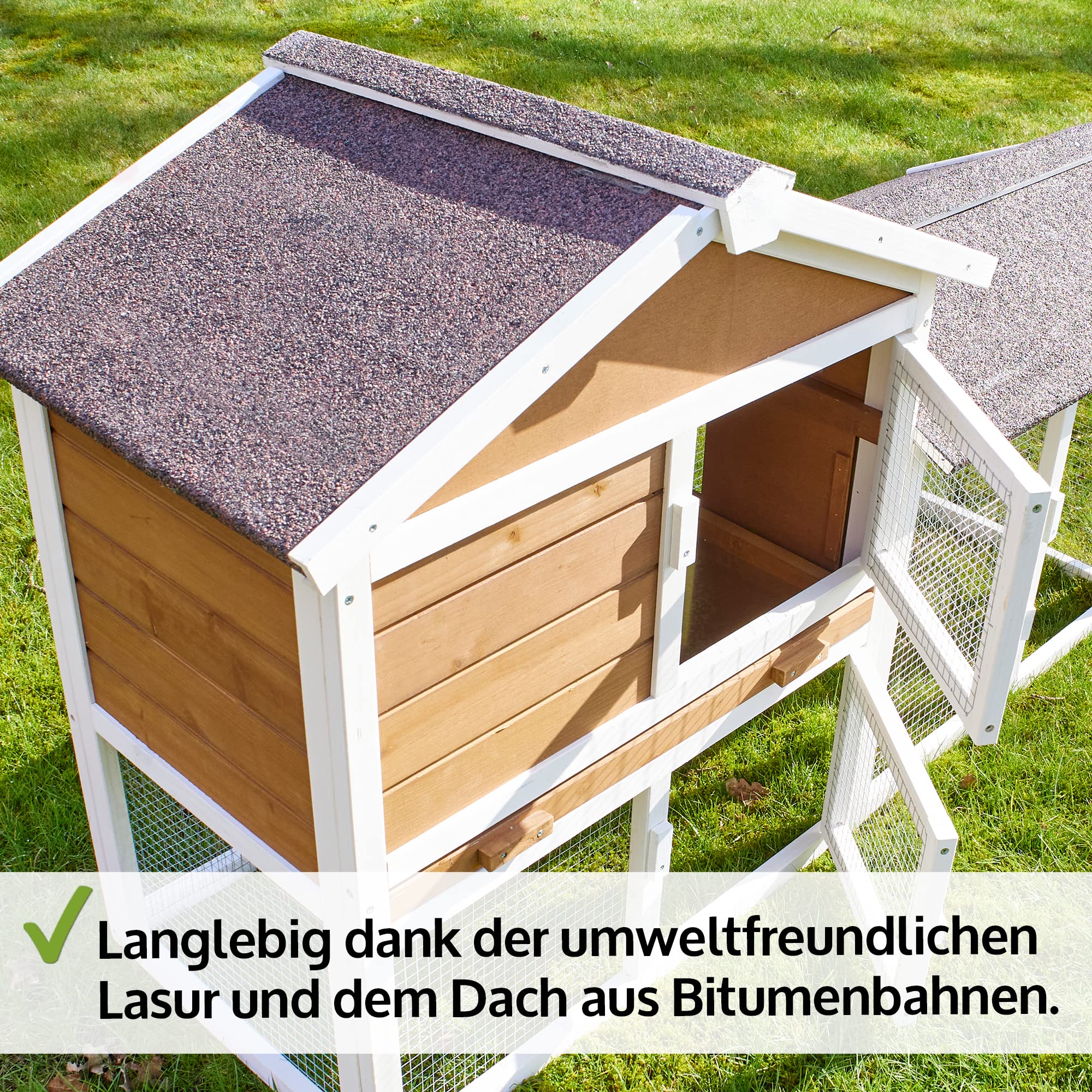 zooprinz Hasenstall mit Kotschublade – Vollholz braun-weiß | Kaninchenstall aus massivem Holz für draußen – Kleintierstall einfach zu reinigen, in natürlicher Farbe gestrichen