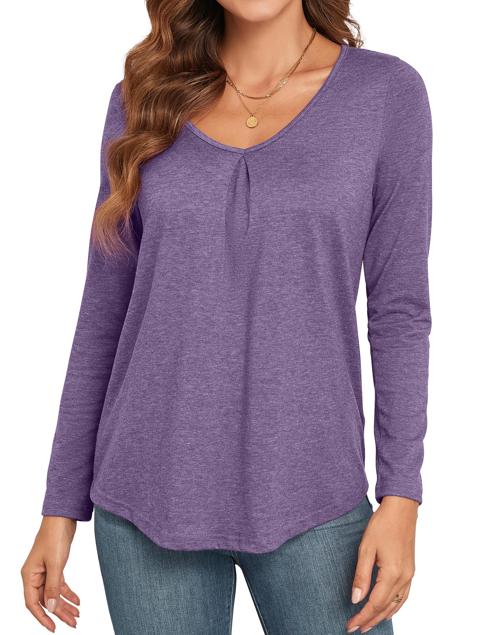 ACIEMR Long Sleeve Shirts for Women Casual V-Neck Pleated Fall T-Shirts Loose Fit Tunic Tops Blouses