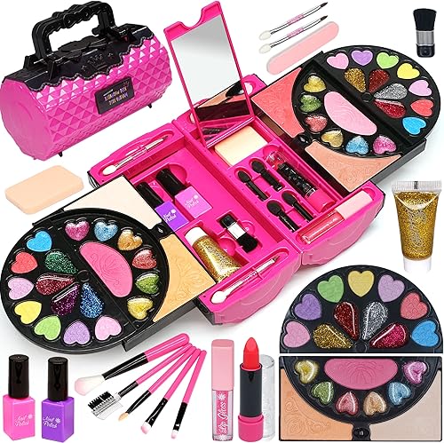 Juegos de maquillaje para niñas 66 piezas de maquillaje para niños con estuche de tocador, juegos de maquillaje lavables y seguros para niñas de 3