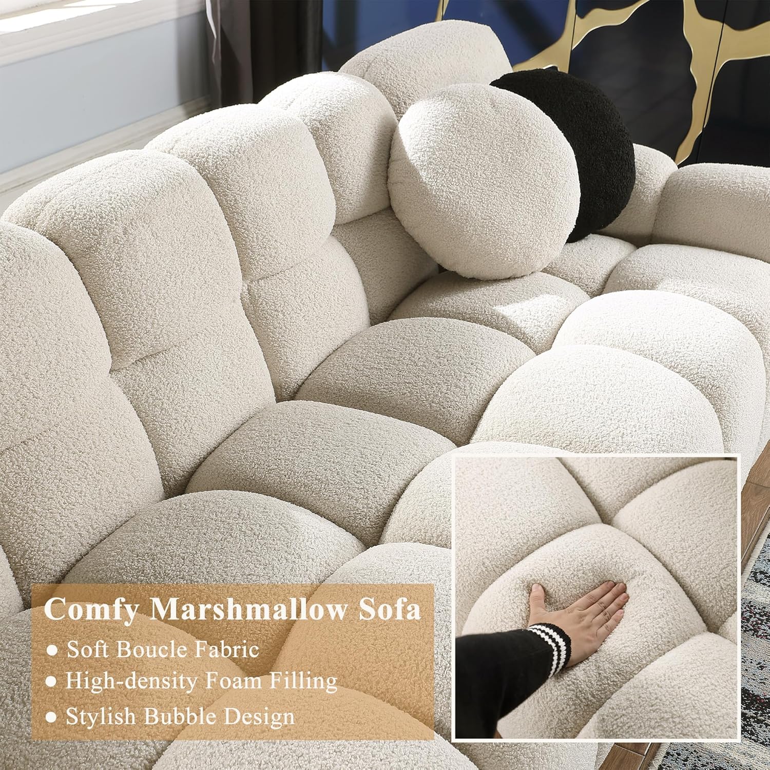 Tmsan 65" Boucle Loveseat Sofa, Modern Tufted Cloud Couch Set for Living Room, Comfy Upholstered 2 Seater Love Seat with 2 Accent Pillows for Bedroom Apartment Office