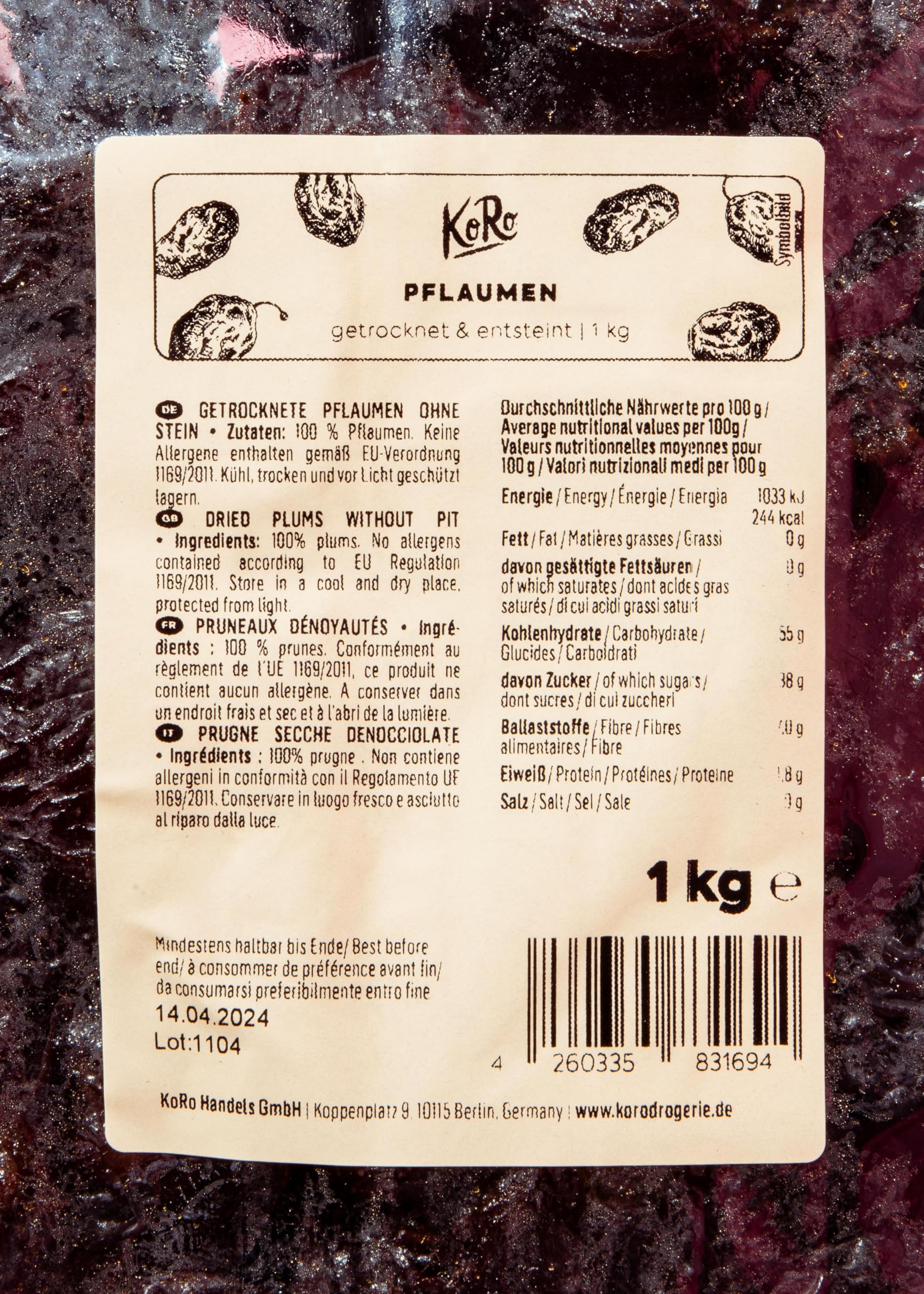 KoRo - Getrocknete und entsteinte Pflaumen 10 x 1 kg