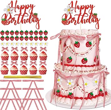 71PCS Strawberry Bow Cake Decorations Set Happy Birthday Strawberry Cake Topper and Cupcake Bows Decorations for Baby Shower Bridal Shower Graduation Party