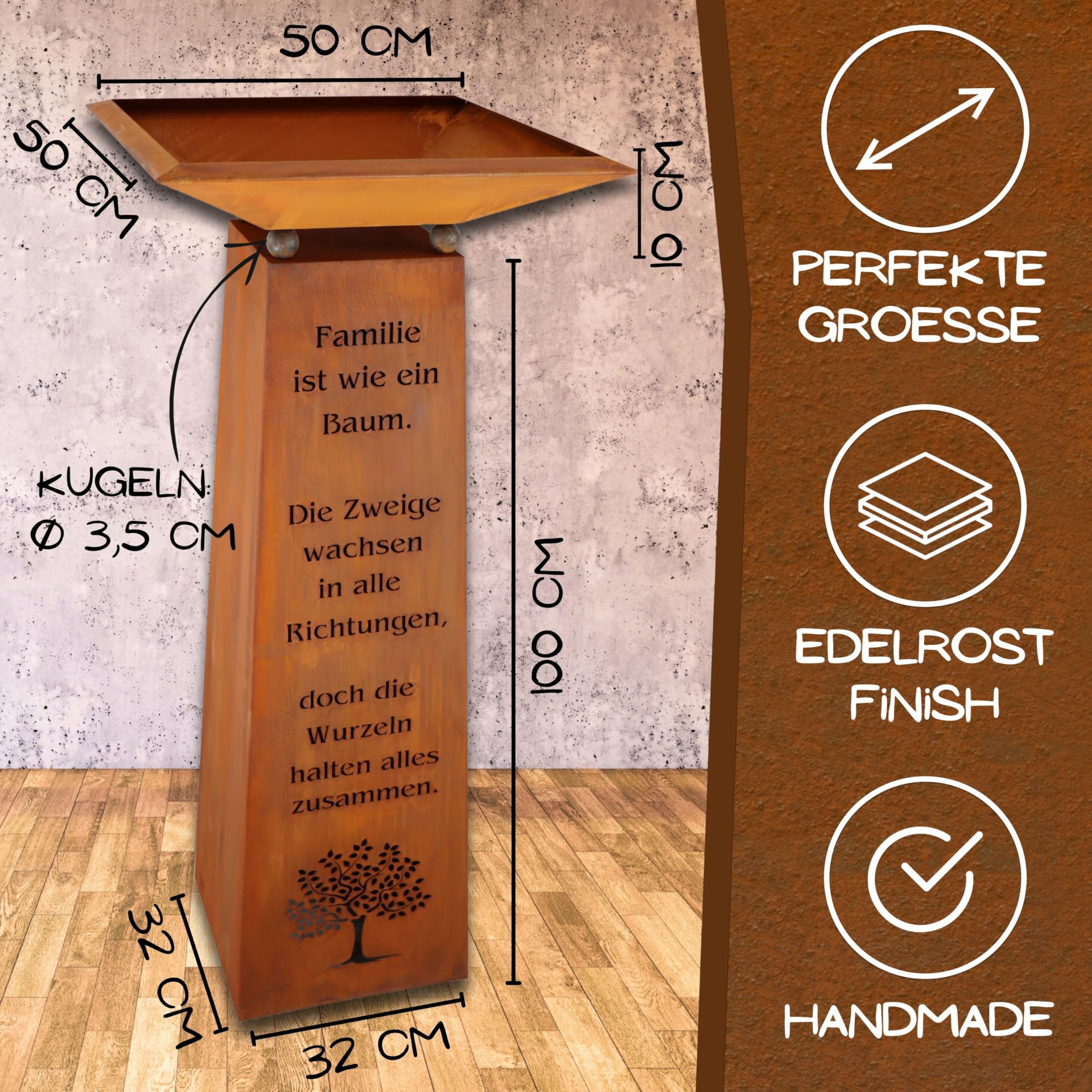 Rostikal Edelrost Gartendeko Säule 1,15 m Familien Spruch mit Dekoschale Rost Wohndeko (Schale 50 x 50 cm)