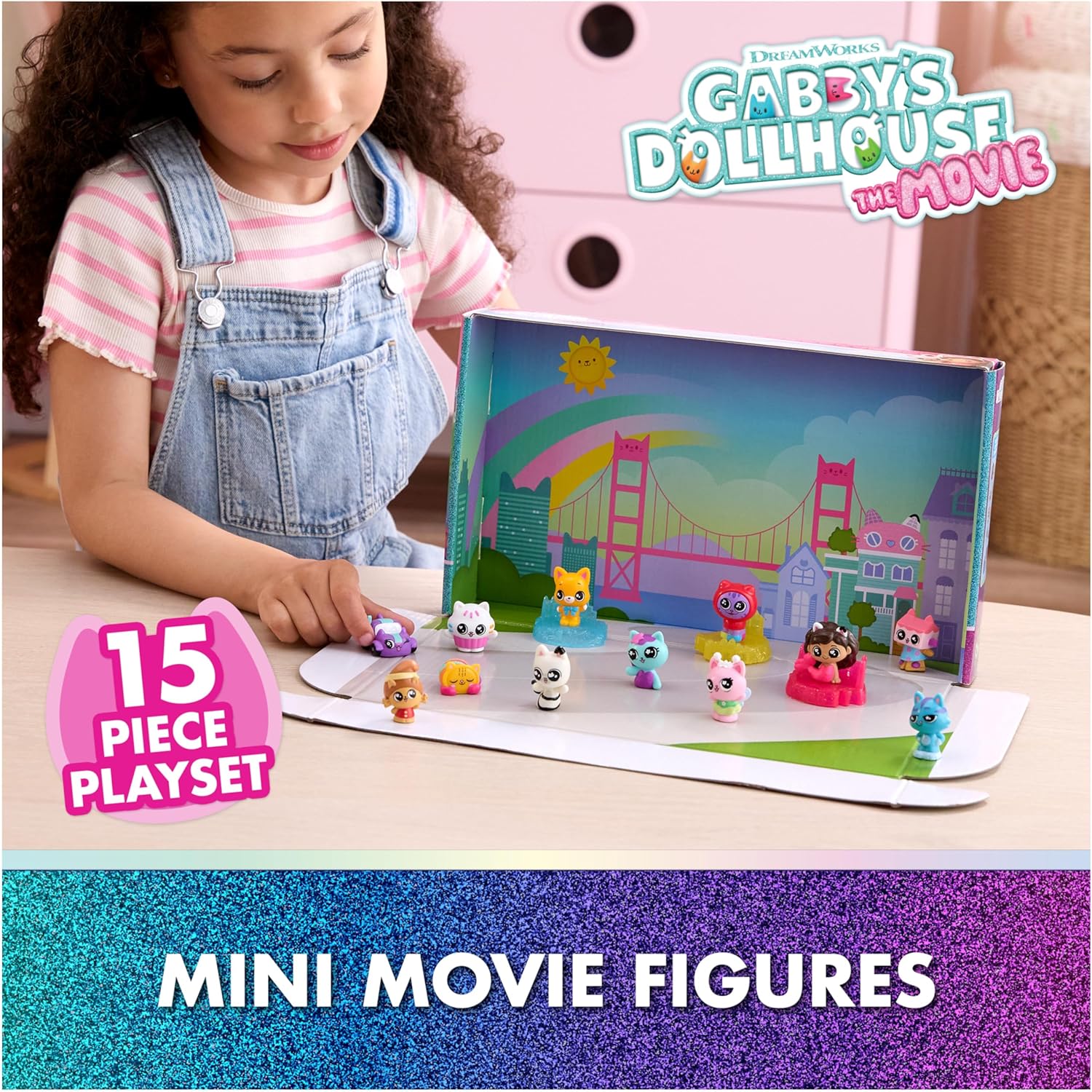 Gabby's Dollhouse: The Movie, 15-Piece Mini Movie Figures Set with 12 Figurines & 3 Themed Display Bases, Kids Toys for Girls & Boys Ages 3 and Up