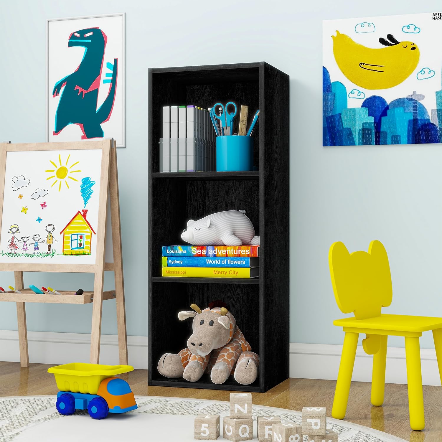 Luder 3-Tier Cube 31.5" Bookcase, Wood Storage Shelf, Small Bookshelf for Home Office & Bedroom, Black