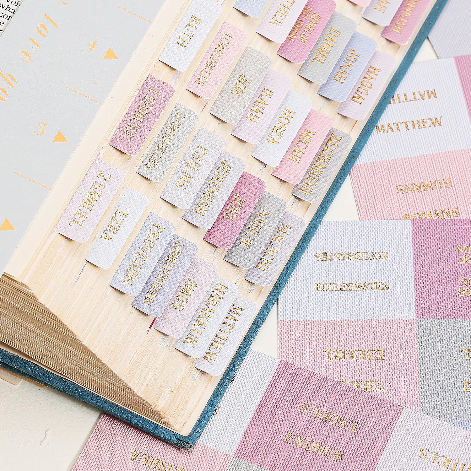 Linen Texture Bible Tabs, 80 Pcs Green Ombre Gold Foil Index Tabs with Ruler - 66 Old & New Testament Books Chapters & 14 Blank DIY Index Stickers, Bible Study Journaling Supplies, Aesthetic Gift Set