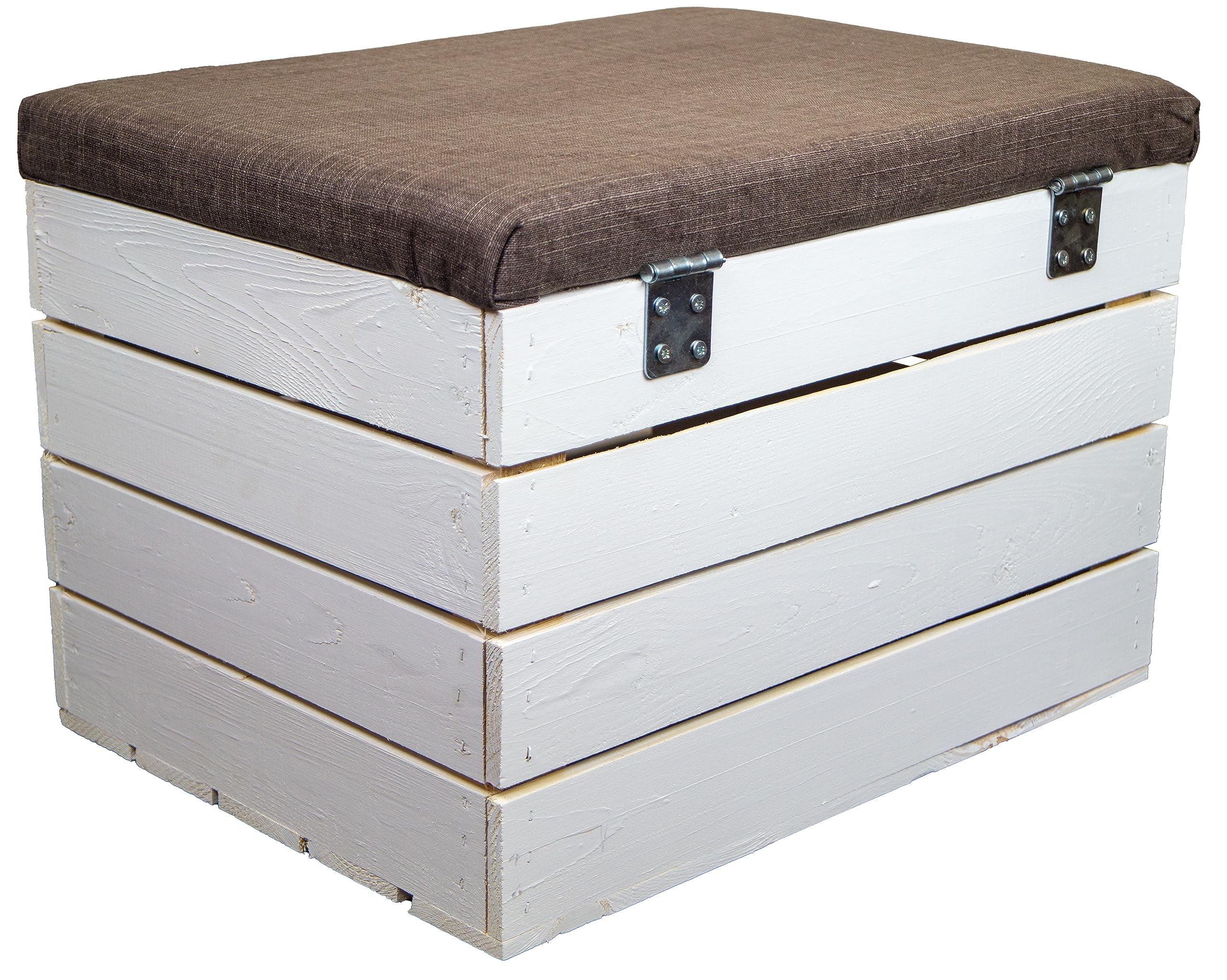 Kistenkolli Altes Land Sitztruhe Mit Stauraum, Maße 34x35x48 Cm, Faltbarer Holzsitzhocker, Obstkiste, Belastbar Bis 150 Kg, Klappbarer Deckel, Aufbewahrungsbox (Weiß)