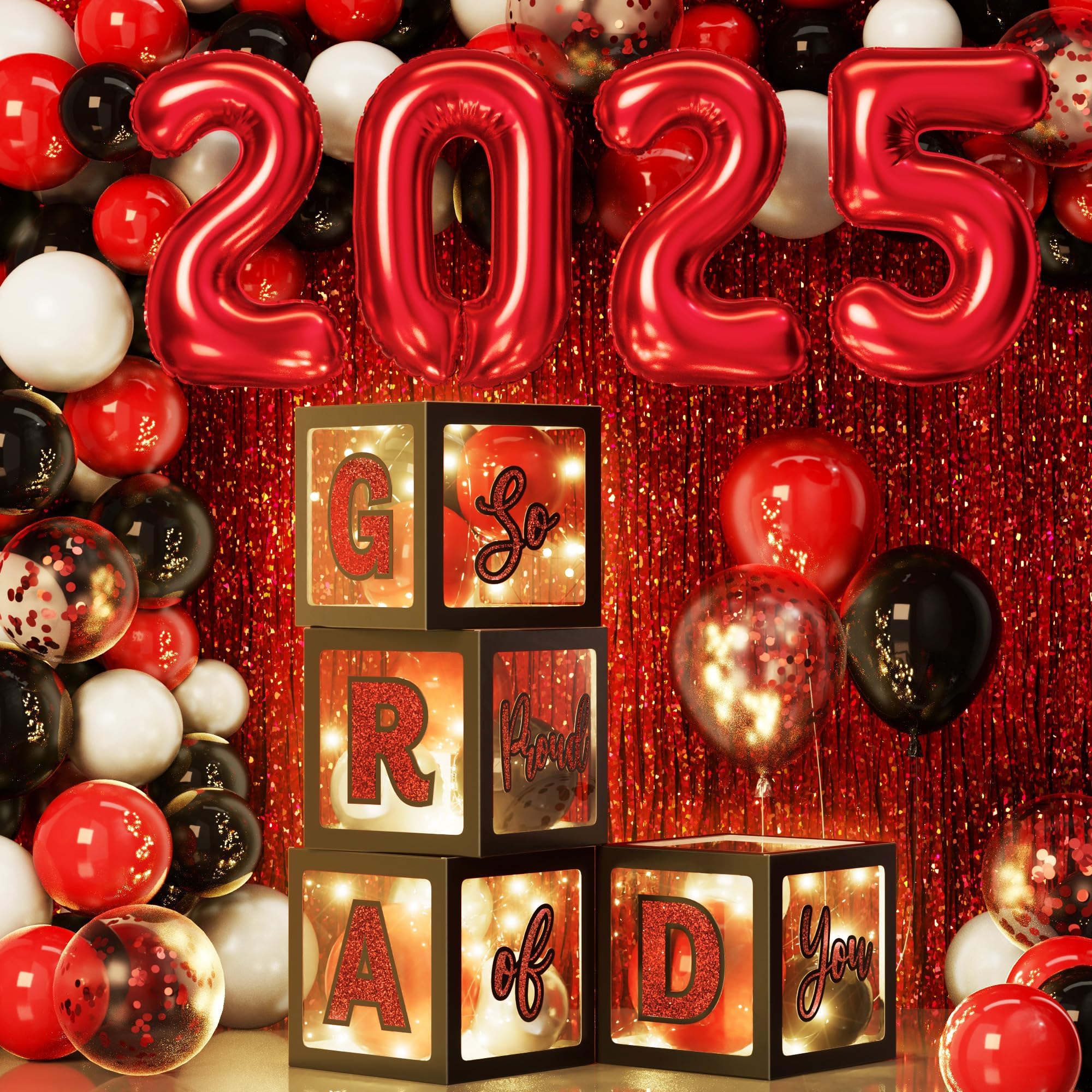 Asoulin Graduation Party Decorations Class of 2025, 86PCS Red & Black Graduation Party Supplies High School College Grad Balloon Boxes with Letter, Foil Curtains, LED String Light, Balloon Garland Kit