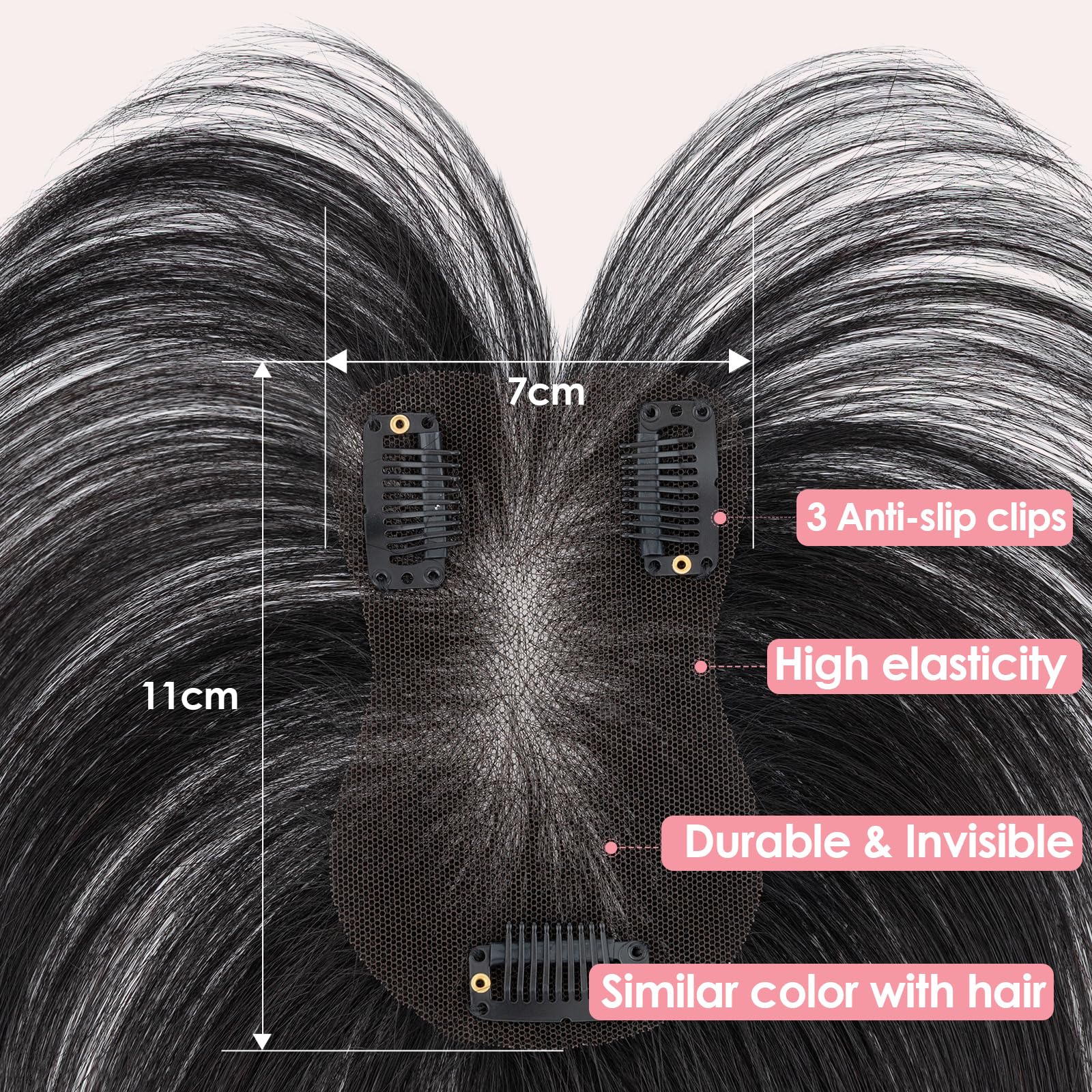 S-noilite Hair Toppers for Women Human Hair with Air Bangs - 7x11cm Hand-stitched Base 360° 3D Coverage Natural 14g (Natural Black #1B) - Image 4