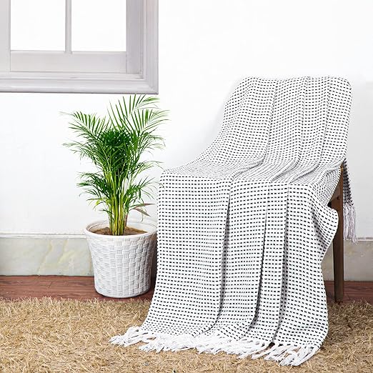 Cazimo Soft 100% Cotton Throws for Sofa & Bed - 50 * 60 inches, Black and White