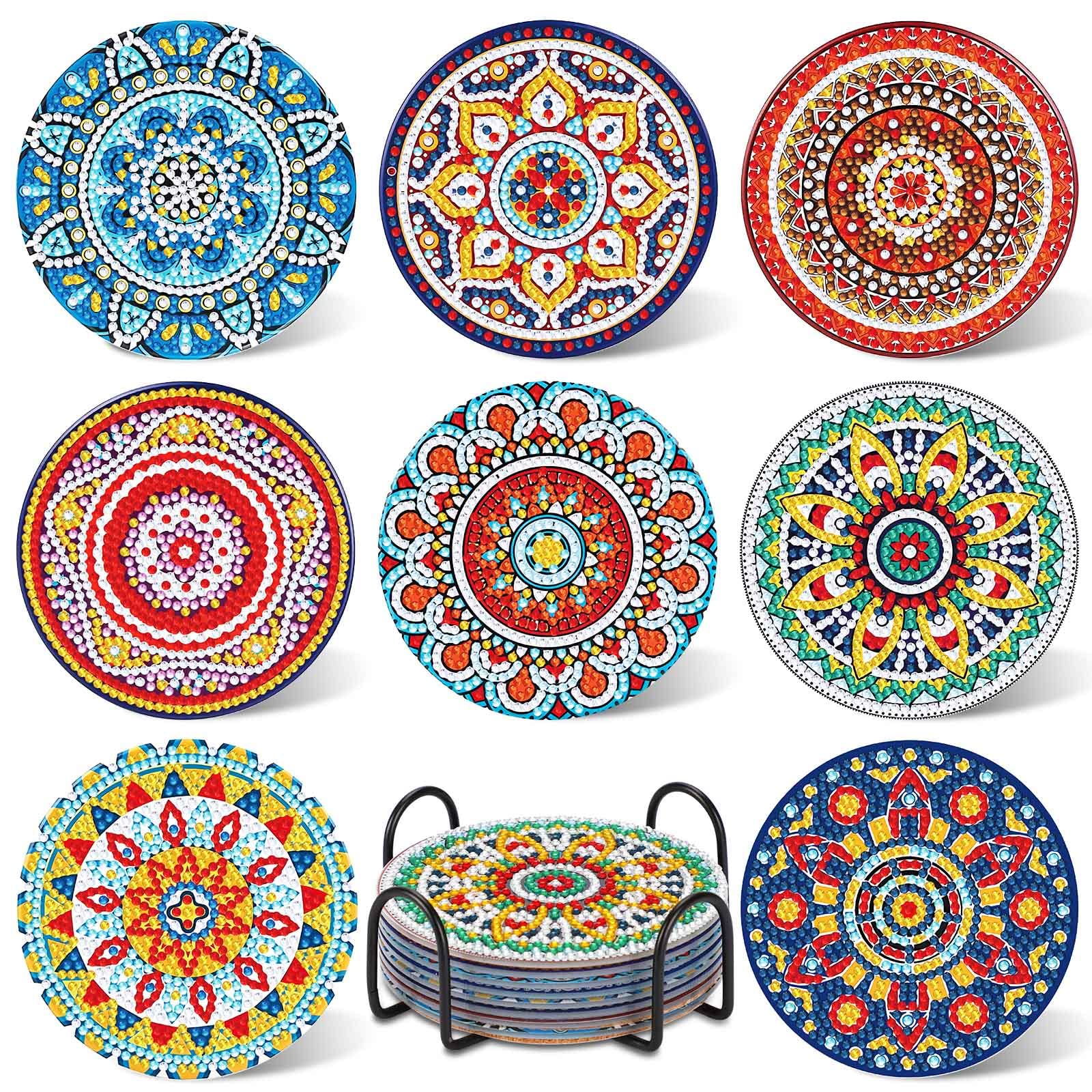 UPINS 8Pcs Mandala Diamond Painting Coasters for Drinks Boho Coaster DIY Art Kits Adults Kids Beginners Craft Supplies (Mandala), 3.93Inch*3.93Inch (340-4681)