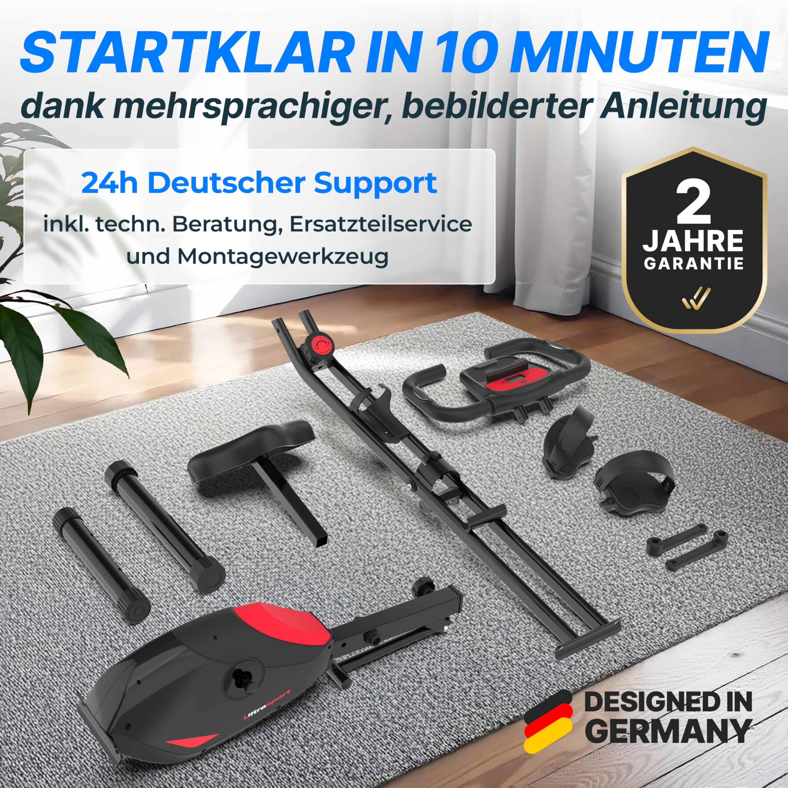 Ultrasport F-Bike Pro Heimtrainer Fahrrad Klappbar I Hometrainer Fahrrad Klappbar bis 150 KG mit Komfort-Sattel, 16 Stufen, App Funktion, Extra Leise I Ergometer Heimtrainer, Fitnessbikes