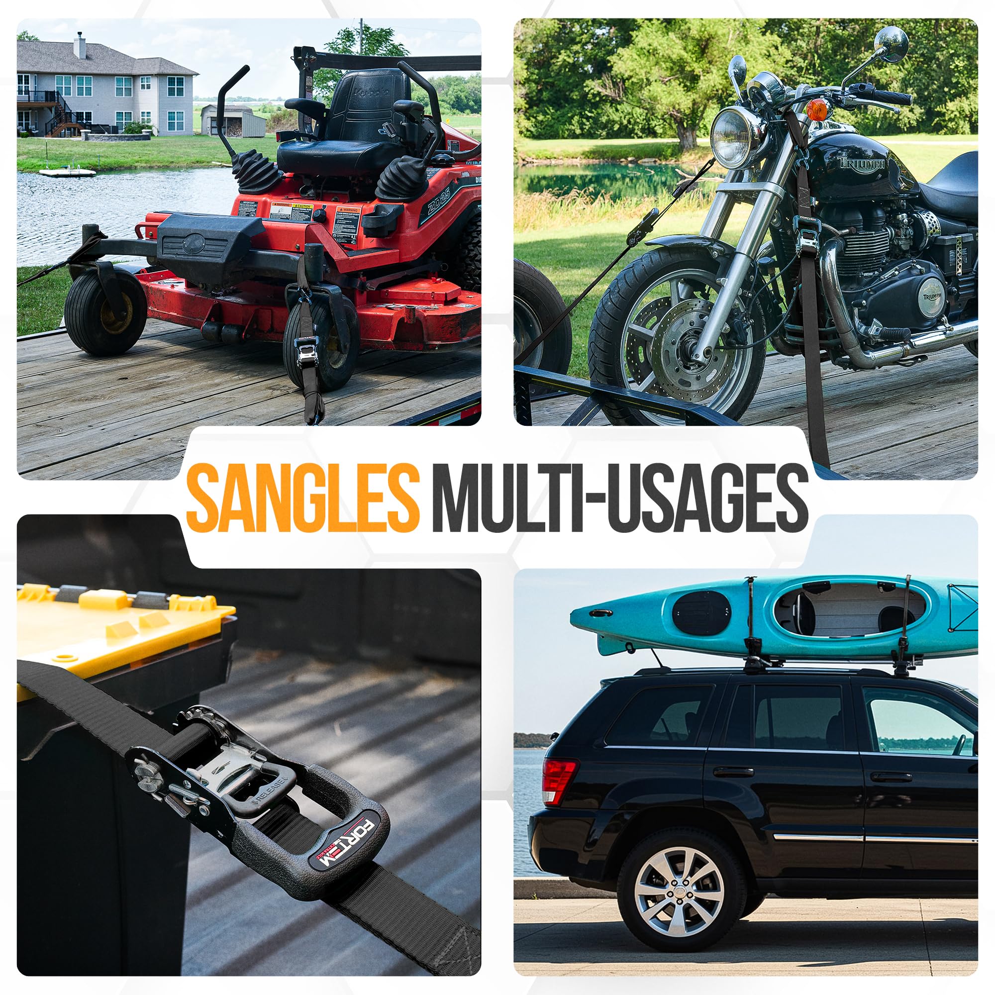 FORTEM Sangle a cliquet, Sangles d'arrimage à cliquet 4x4,5 m (Résistance 2362 kg), Sangle demenagement, Moto, remorque, Camion, 4 Boucles Souples, Crochets Métal Enduit, Sac inclu