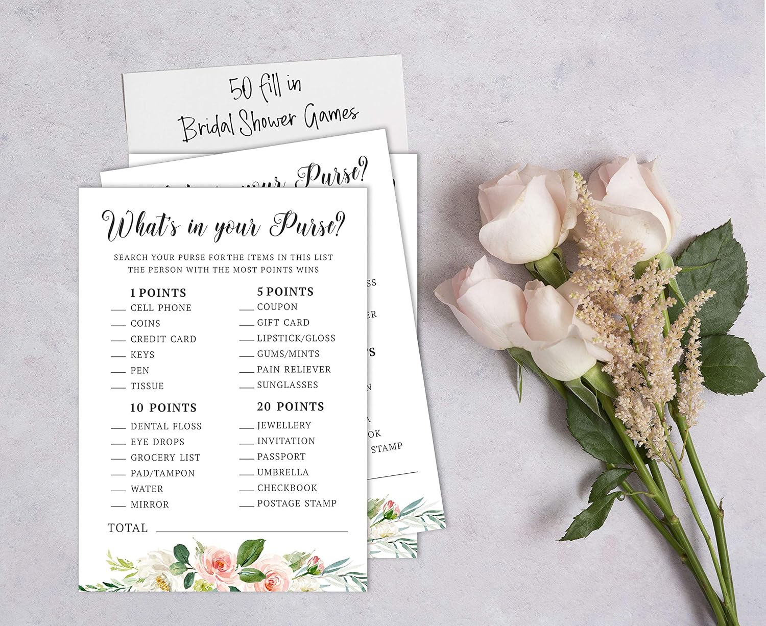 Inkdotpot Wedding Shower Bachelorette Party Bulk Activity Game Cards Whats In Your Purse Bridal Shower Game 50-Pack Floral Brunch & Bubbly - Image 5