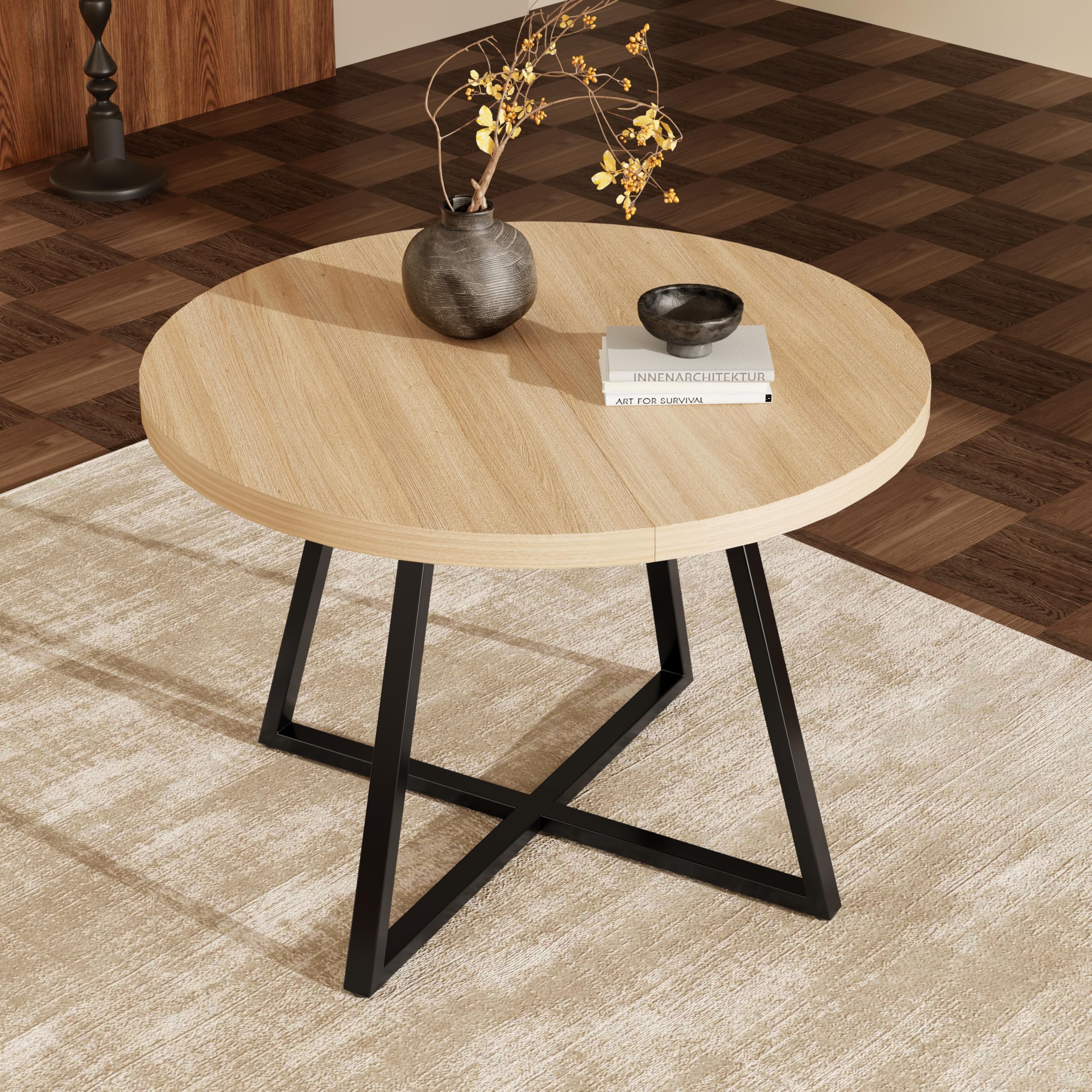 Okrągły wysuwany stół do jadalni 100/140 x 100 cm dla 4-6 osób, blat stołu MDF o grubości 3 cm ze stabilnymi metalowymi nogami, zajmuje mało miejsca do jadalni, kuchni, salonu (wygląd dębu)