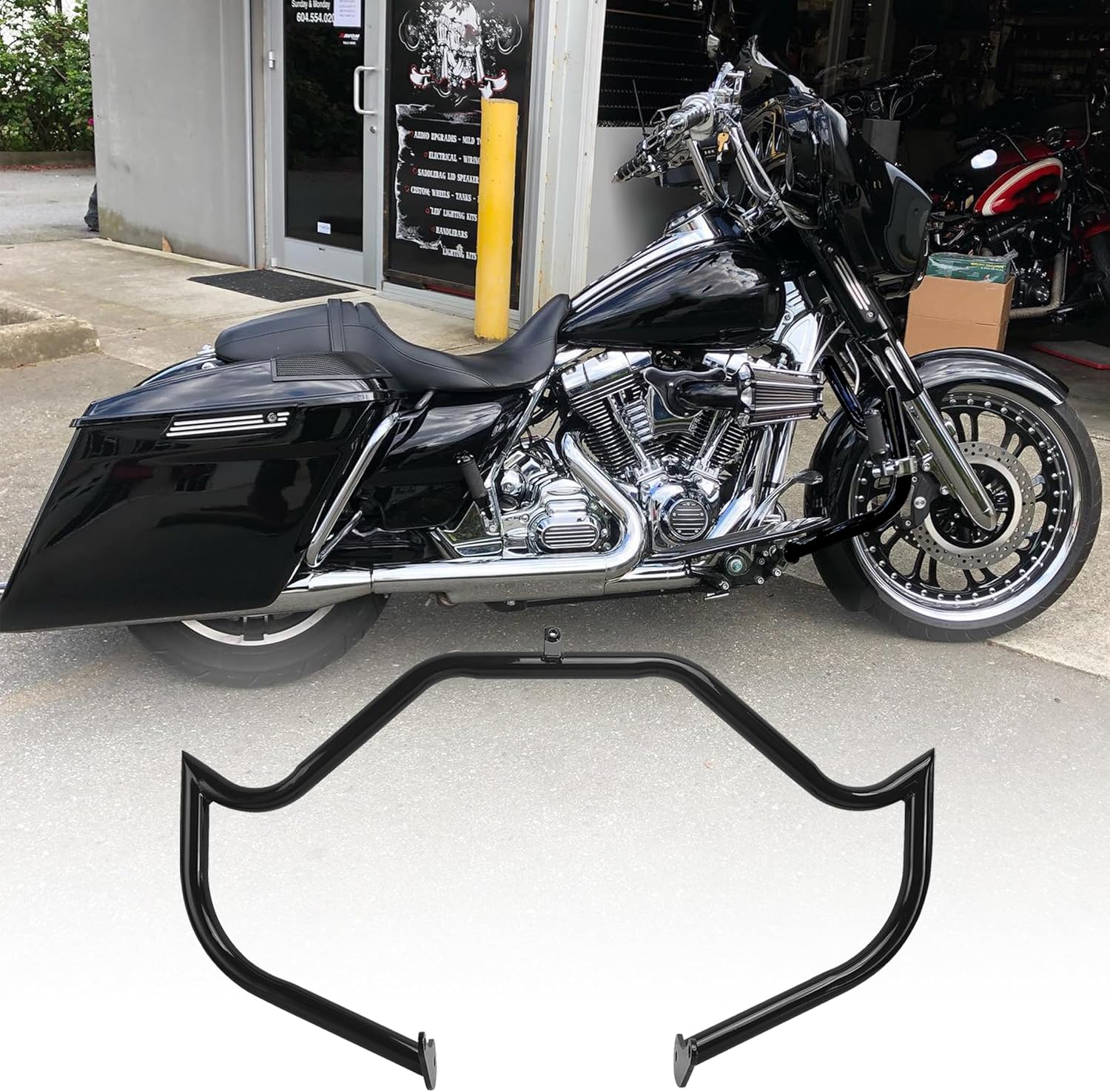 1.25" Front Engine Guard/Crash Bar for Harley Touring 2009–2023 – Road Glide (Bracket Required), Street Glide, Road King, Electra/Ultra (FLTR/FLHX/FLHR/FLHT) Black High-Profile Pointed Highway Bar