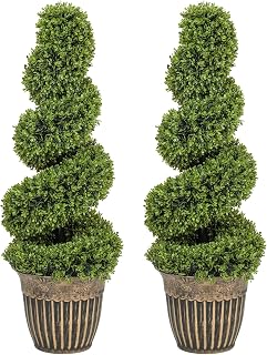 Set of 2 Decorative Artificial Plants Topiary Spiral Boxwood Trees in Pot, Fake Plants for Home Indoor Outdoor Decor, 90cm, Light Green