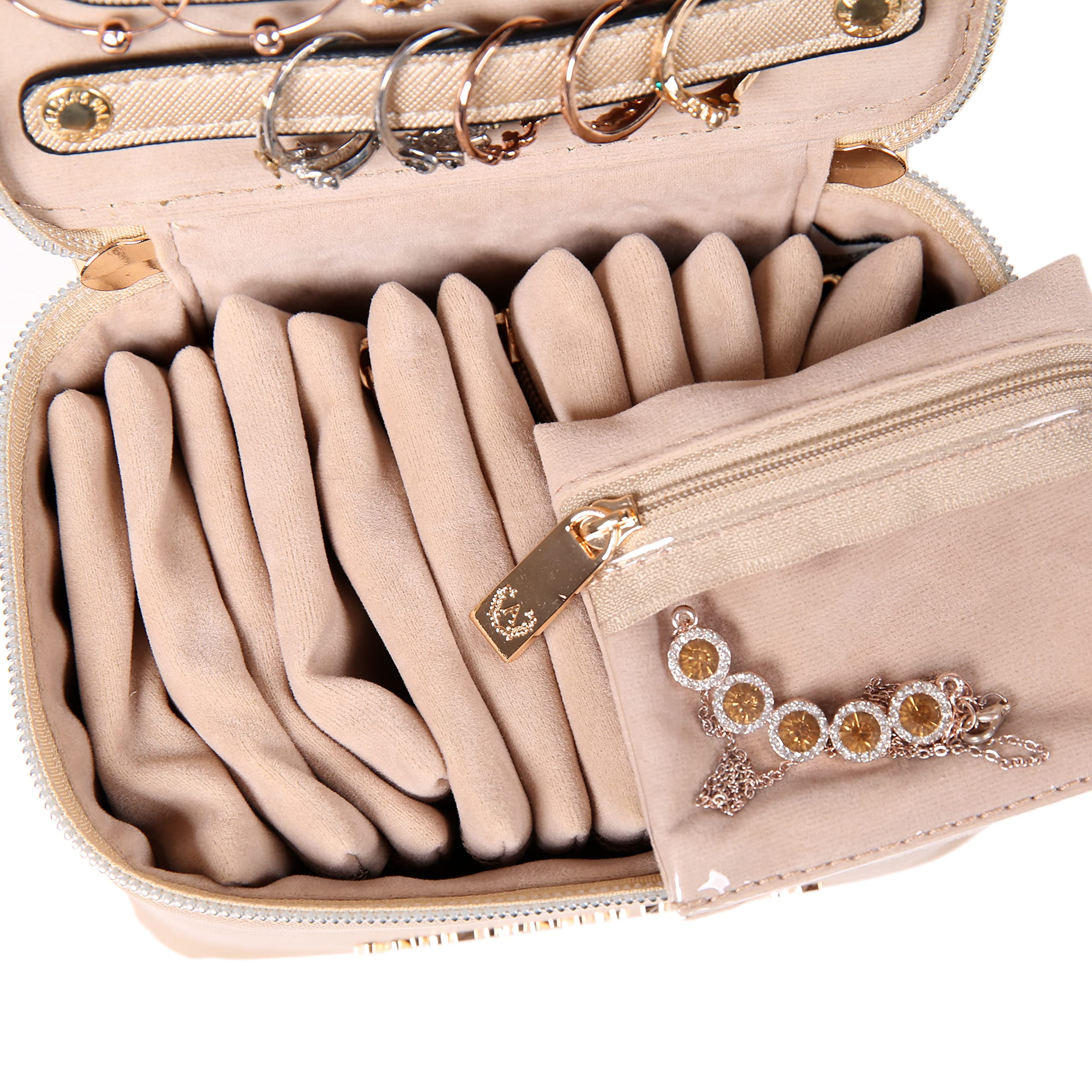 Angelina's Palace Estuche organizador de joyas, regalo de dama de honor, bolsa de viaje, caja de cuero vegano para collar, aretes, pulsera, anillo (champán)