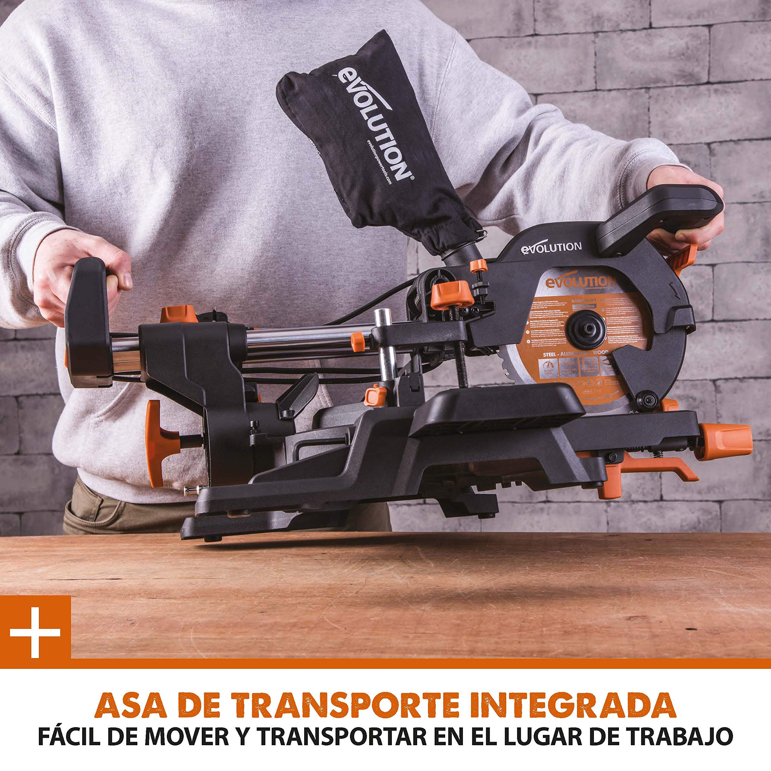 Evolution Power Tools - R210SMS-300+ Ingletadora deslizante multimaterial de 210 mm (230 V), con paquete plus, Corta acero dulce, aluminio, plástico, madera con clavos incrustados