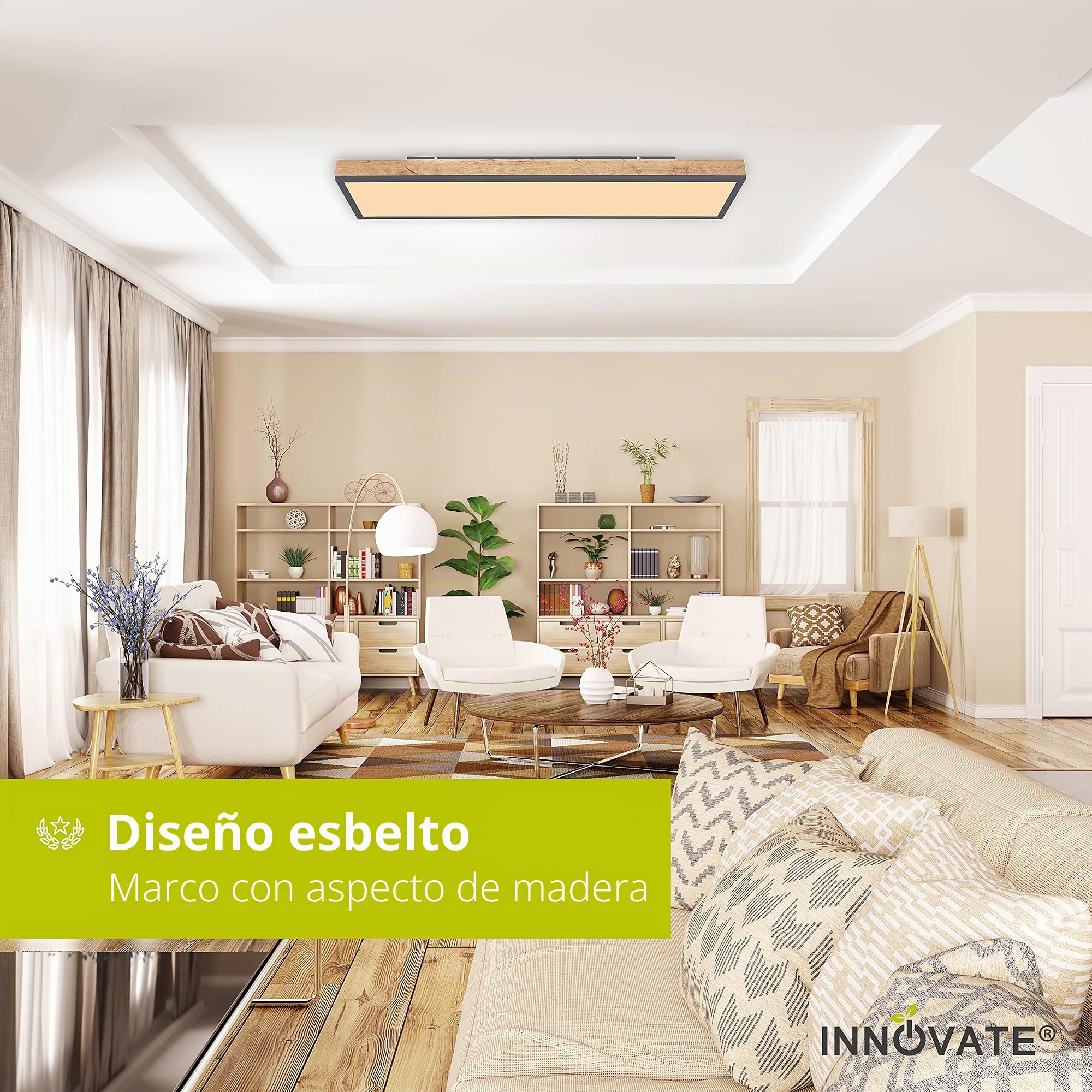 INNOVATE Lampara techo LED apariencia madera [80x20cm - 1500 Lumenes - 3000K blanco calido - 24W] Plafon LED techo Luz para cocina, baño, dormitorio, WC I Aplique baño Foco Plafón (80x20)