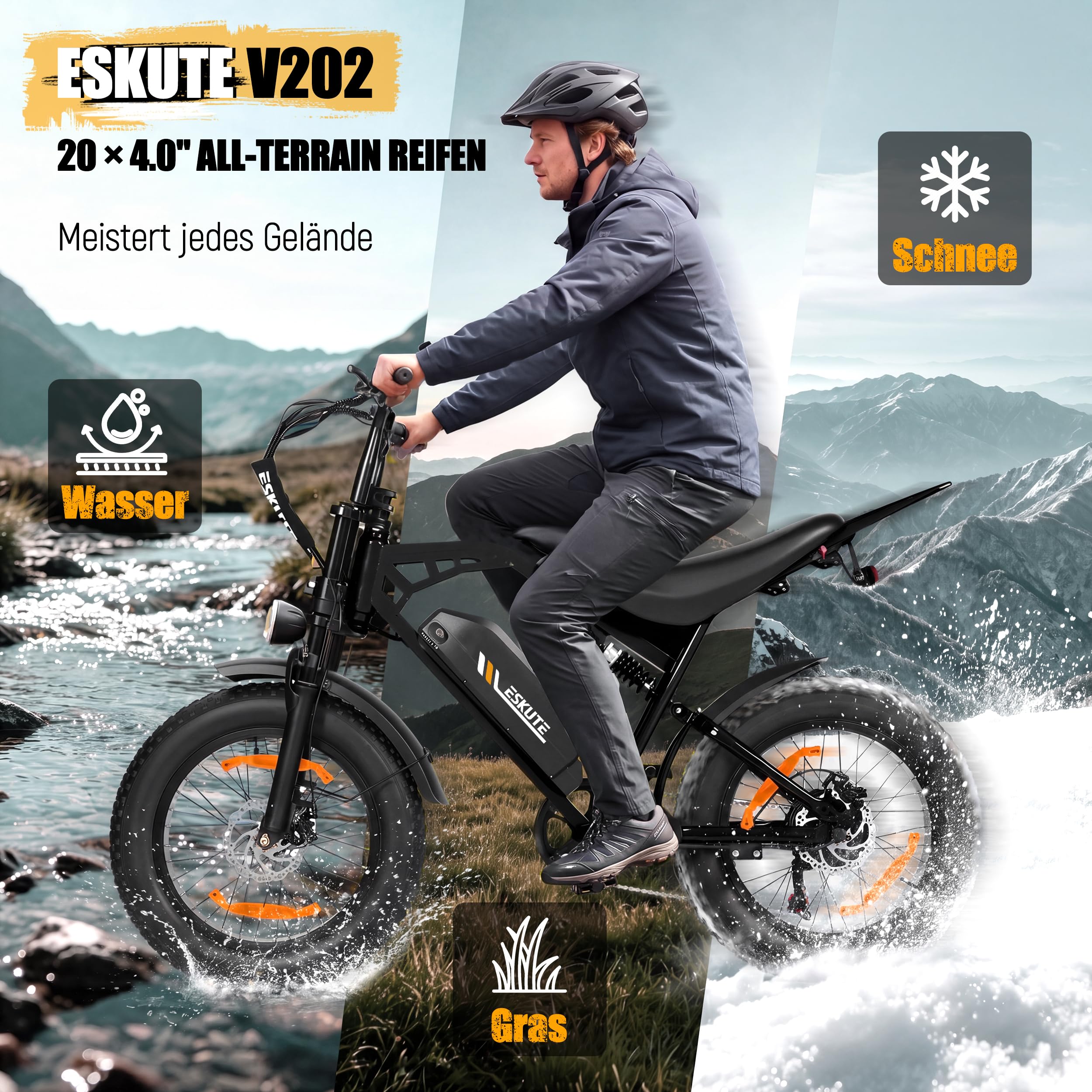 ESKUTE V202 E-Bike für Herren, 20×4 Zoll Fat Tire Offroad Elektrofahrrad mit 48V 20.8Ah Akku, NFC Entsperrung, 80 km Reichweite, Vollfederung MTB für Gelände Schnee Sand