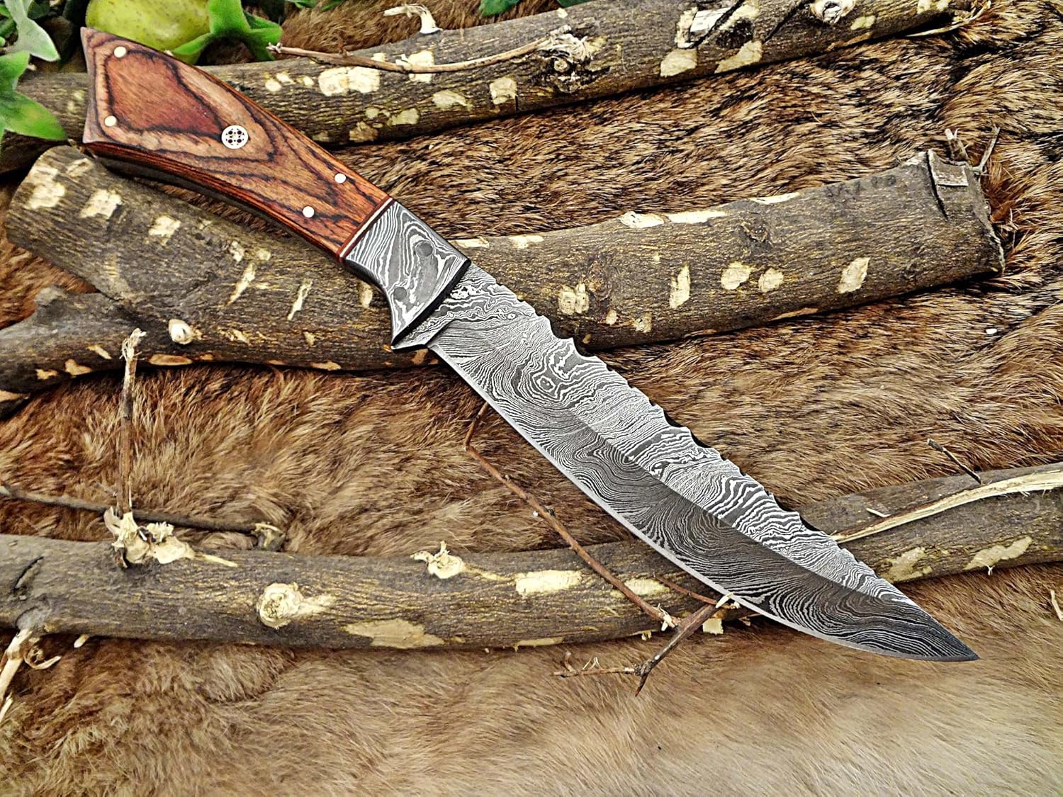 11" Long Hand Forged Damascus Steel Full Tang Blade Skinning Knife,Fabulous Handle Material. Natural Wood with Mosaic Pin and Brass Bolster.