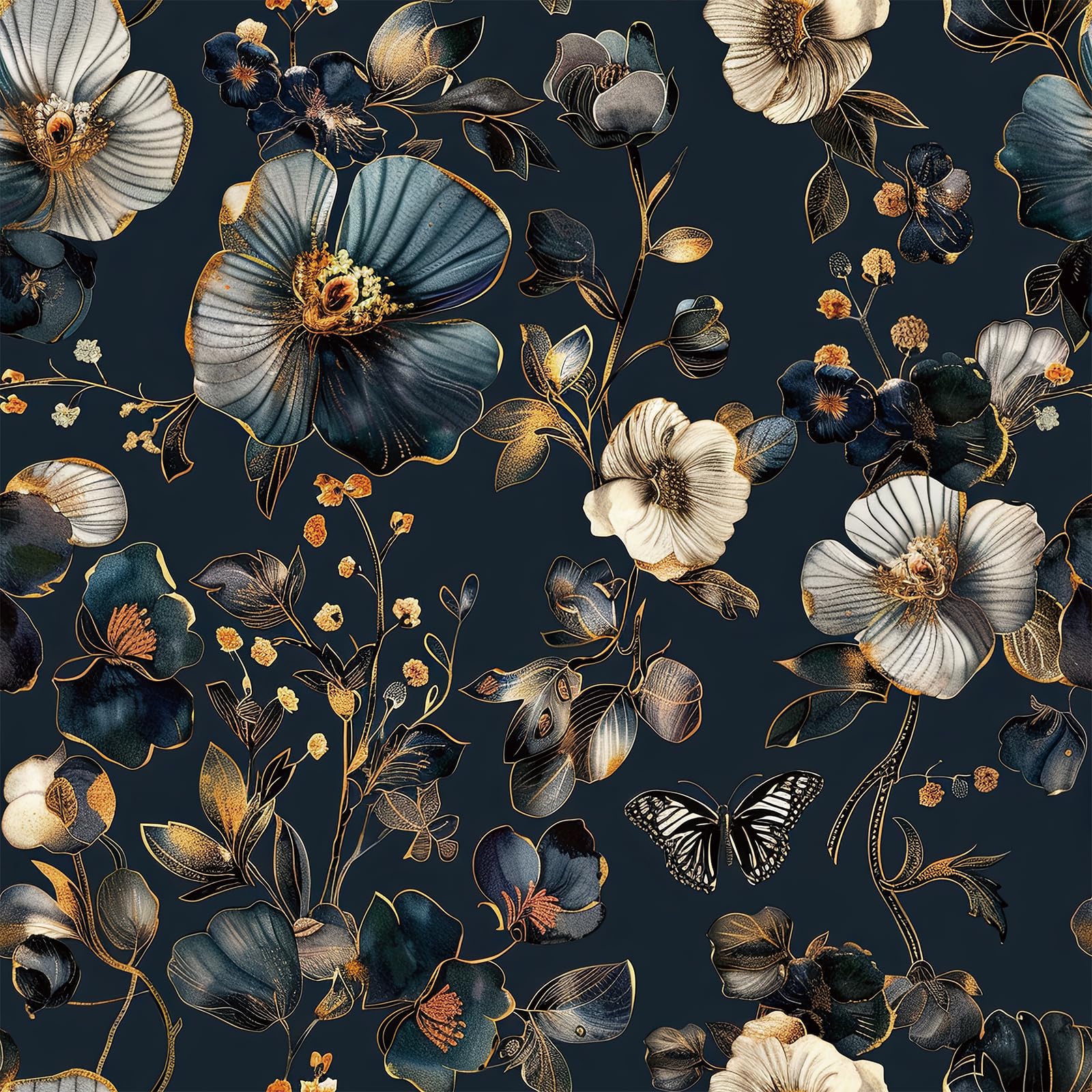 Livelynine Peel and Stick Wallpaper Floral Vintage Blue and Gold 44.5CMx7M Sticky Flower Wallpaper for Girls Bedroom Hallway Navy Blue Gold Wall Paper 3D Floral Butterfly Pattern Sticky Back Plastic