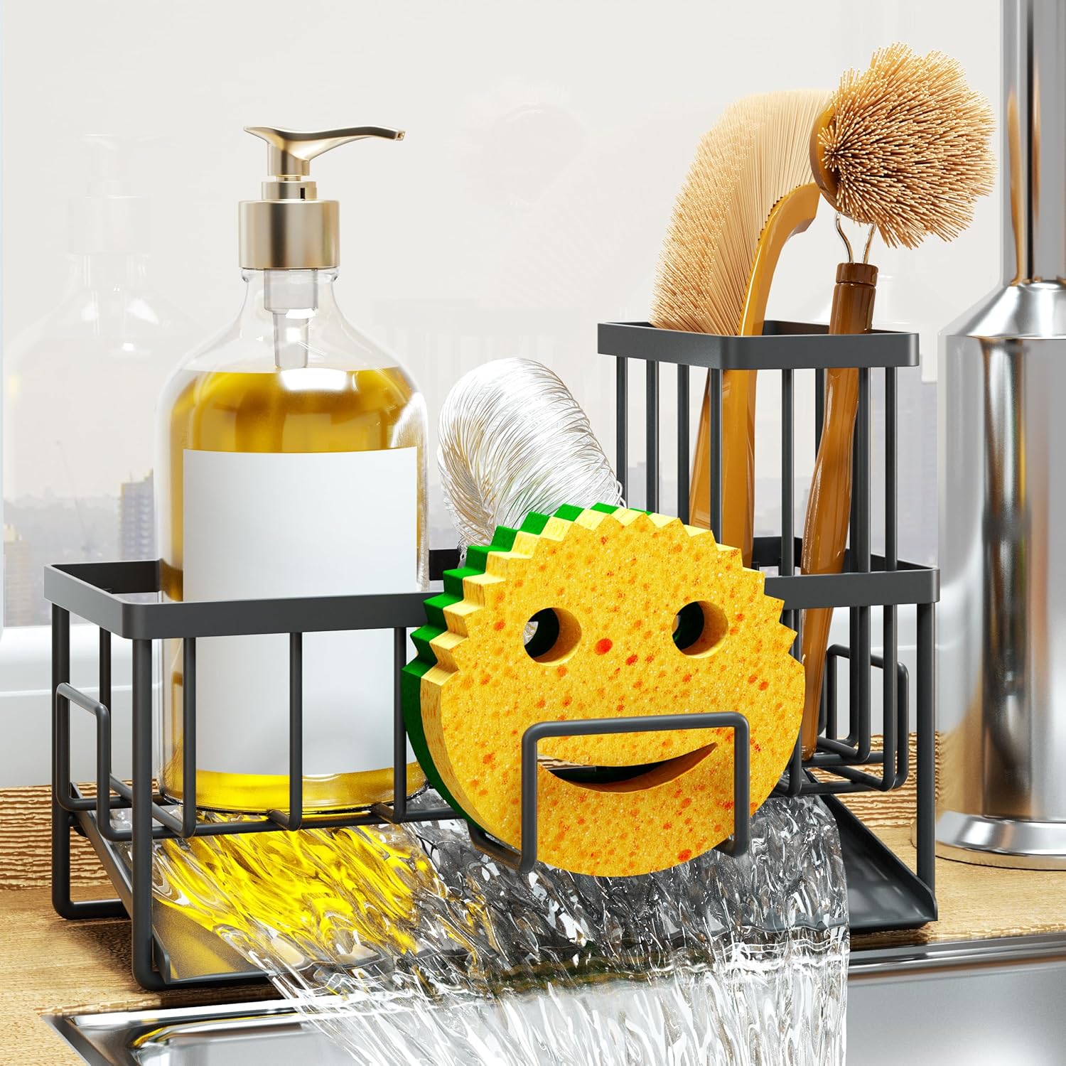 Sink Caddy Organzier Sponge Holder for Kitchen Sink with Brush Holder and Self Drain Tray Dish Soap Dispenser