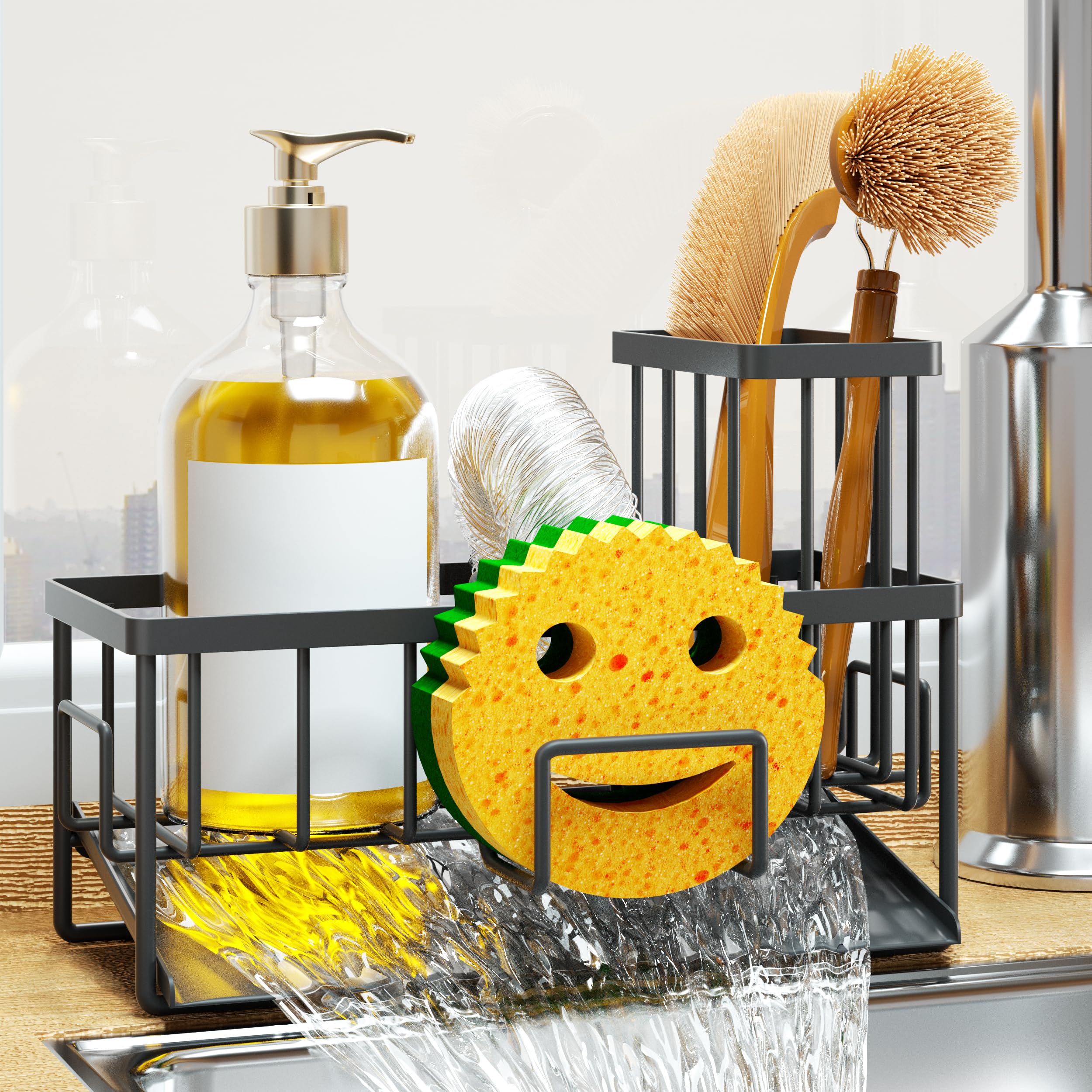 Sink Caddy Organzier Sponge Holder for Kitchen Sink with Brush Holder and Self Drain Tray Dish Soap Dispenser
